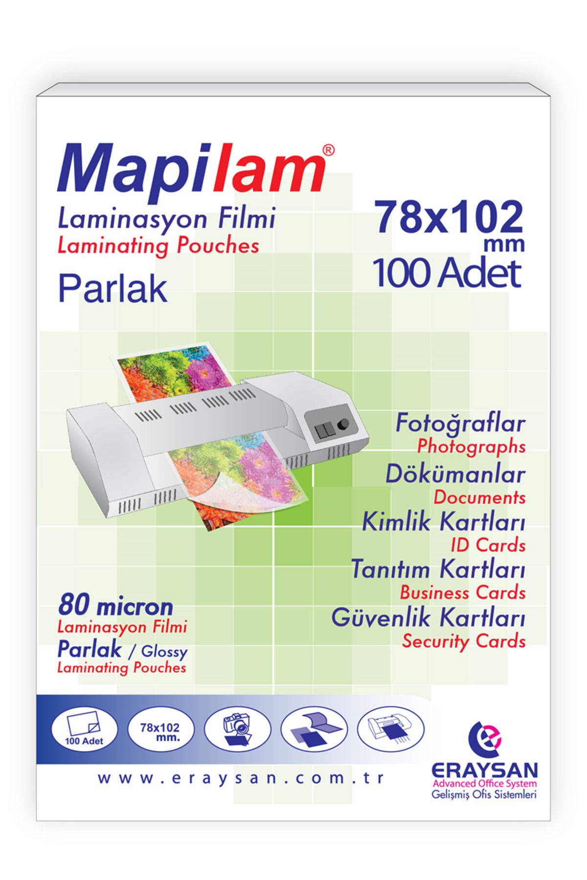 MAPİLAM 80 MİCRON PARLAK LAMİNASYON FİLMİ (KÜÇÜK KİMLİK) (78X102) 100 LÜ