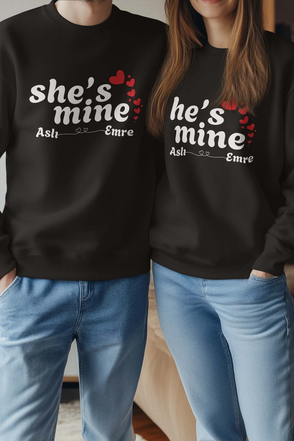 qoeuyl boutique She's He's Mine Kişiye Özel Sevgili Çift Kombin Sevgililer Günü Hediye Baskılı Sweatshirt