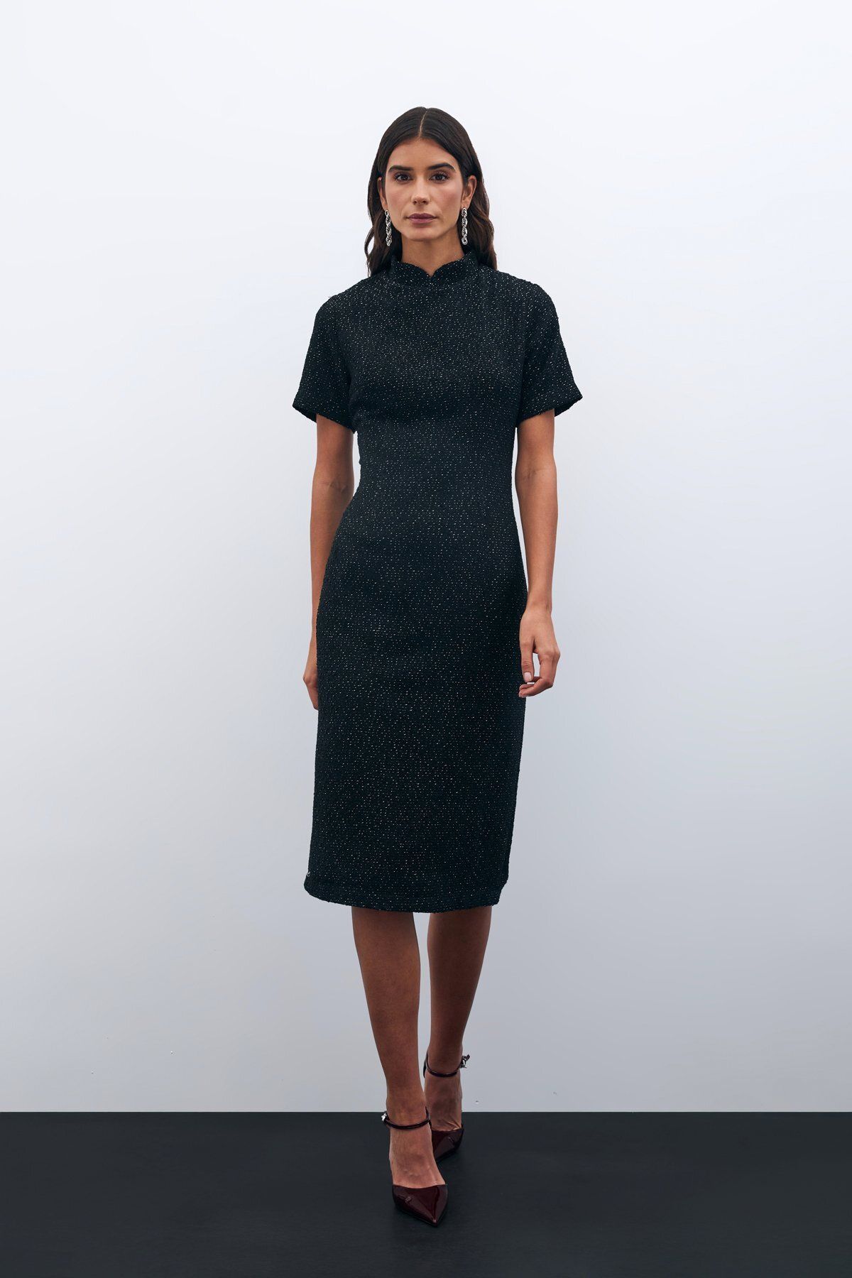 Sateen-Stand Collar Tweed Dress - Black 2