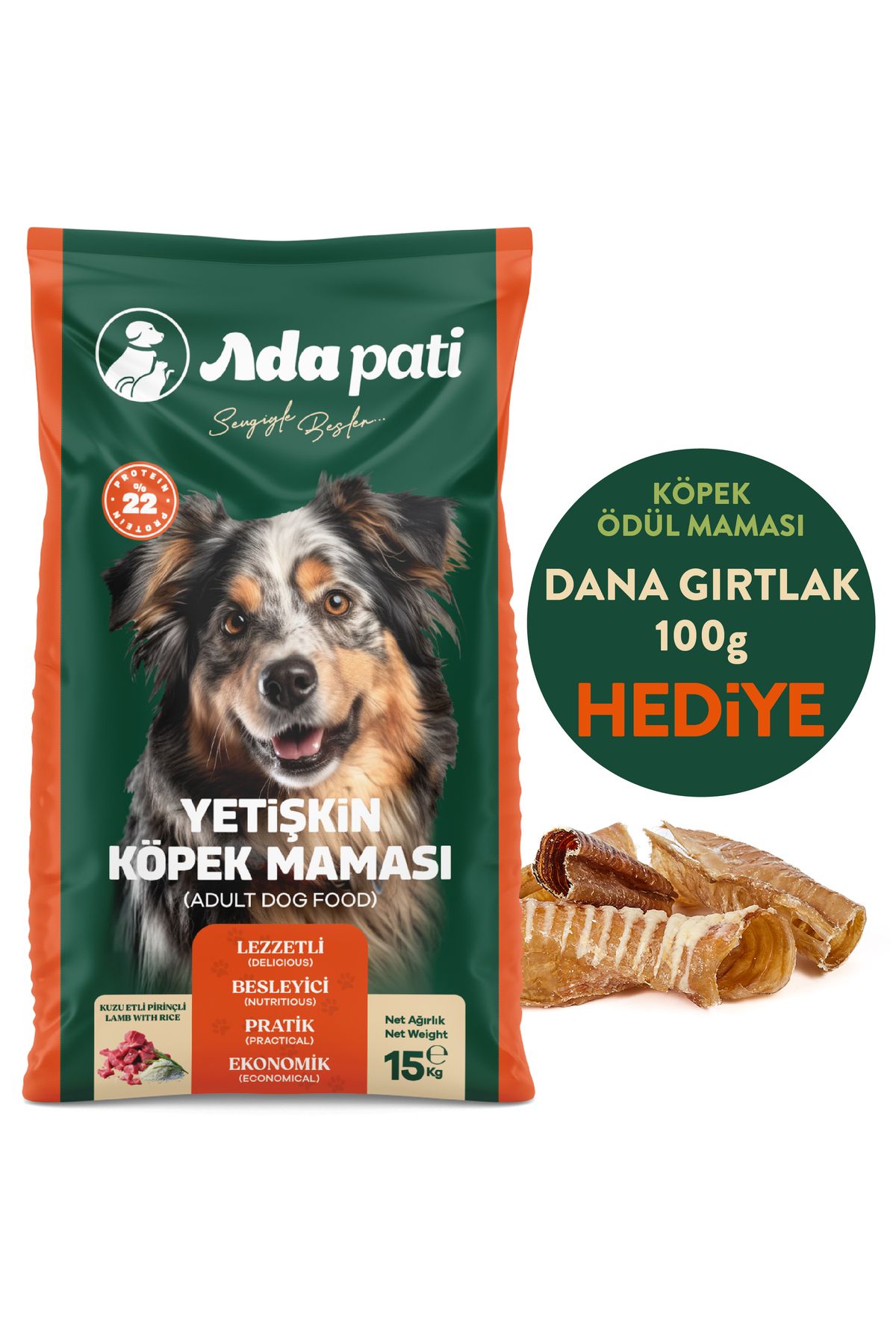 Ada Pati HEDİYELİ Köpek Maması 15 kg - Kuzu Etli Pirinçli - Dana Gırtlak Ödül Maması HEDİYE