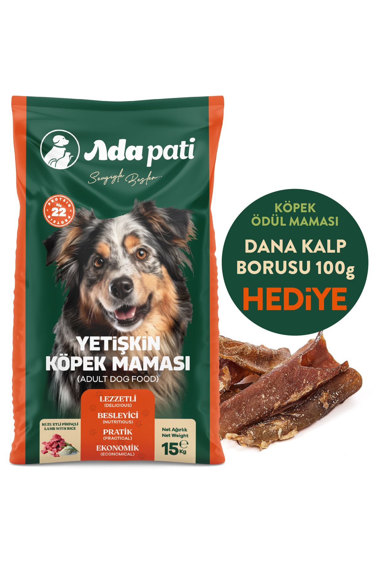 Ada Pati HEDİYELİ Köpek Maması 15 kg - Kuzu Etli Pirinçli - Dana Kalp Borusu Ödül Maması HEDİYE