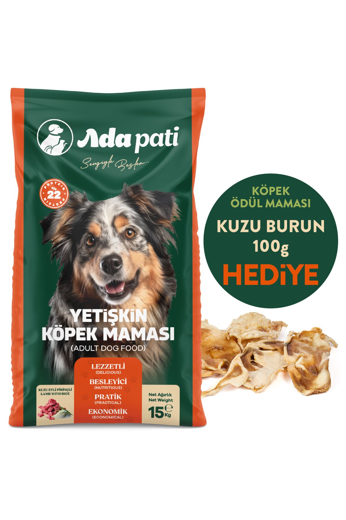 Ada Pati HEDİYELİ Köpek Maması 15 kg - Kuzu Etli Pirinçli - Kuzu Burun Ödül Maması HEDİYE