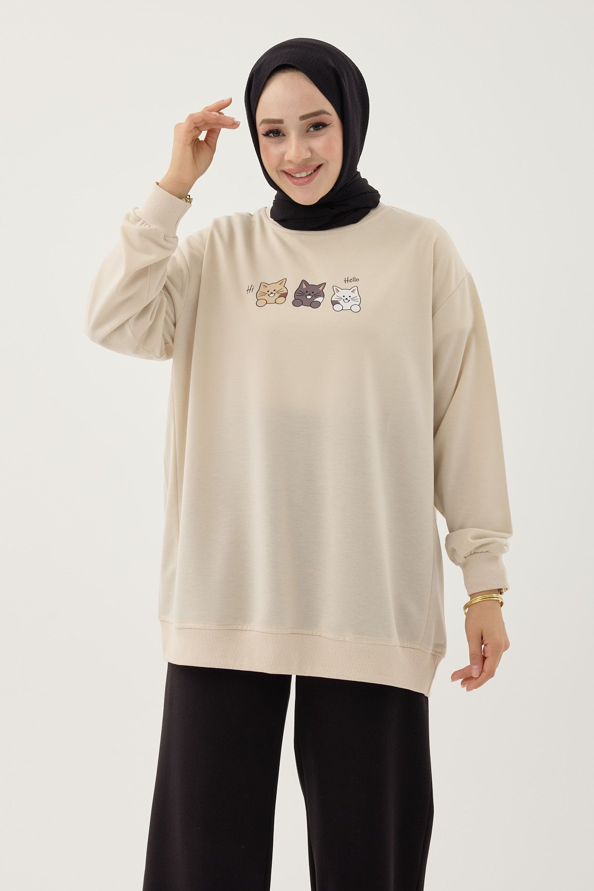 DİVİNE LİNE Kadın Kedi Baskılı Bisiklet Yaka Basic Sweatshirt