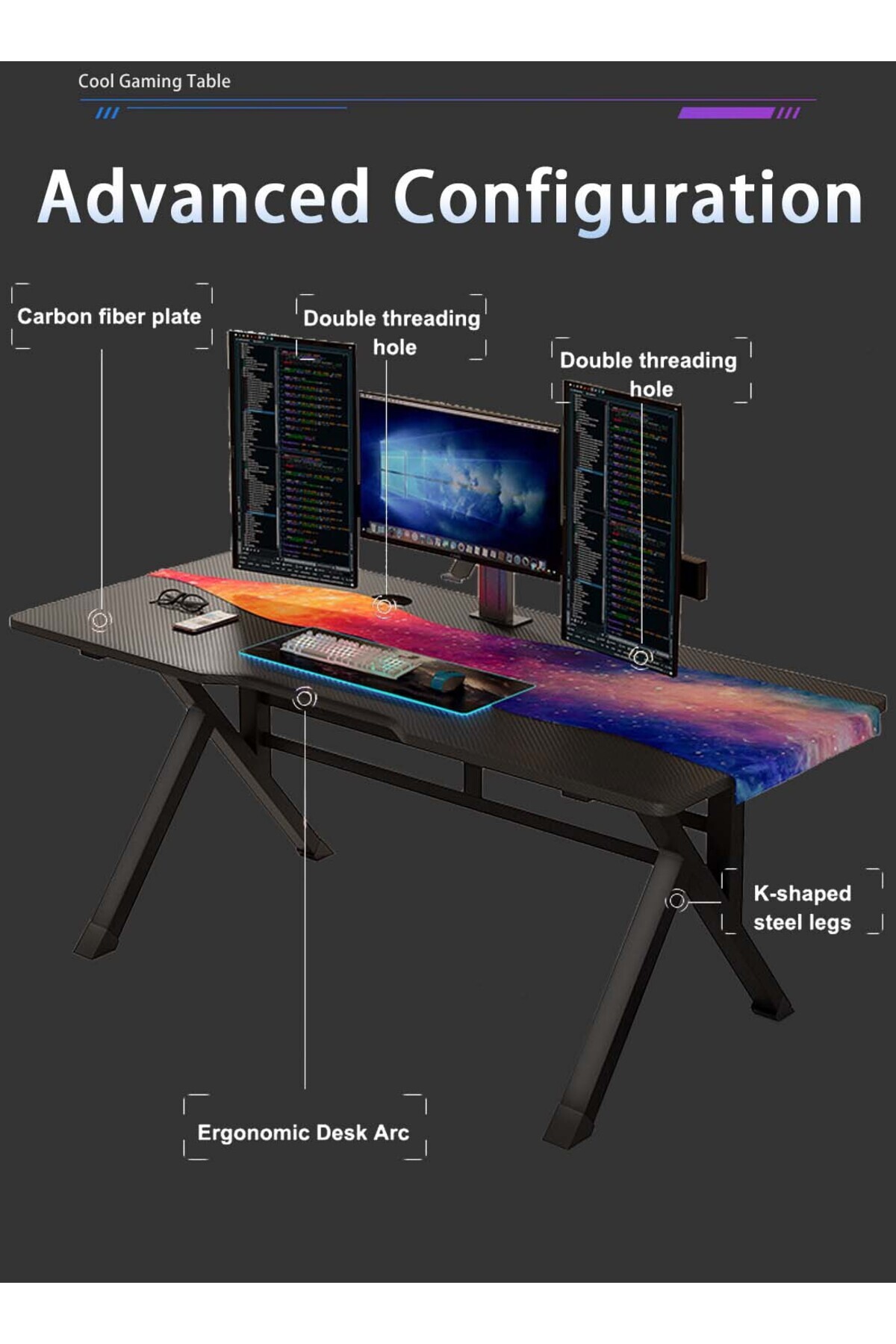 EqiEch-K-Shaped Gaming Desk, Carbon Fiber Surface, Thick Steel Legs, 120x60cm, Black 2