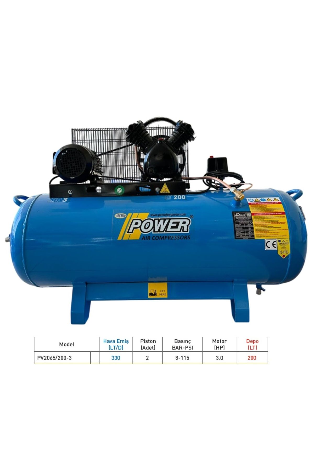 POWER 200 LT ALÜMİNYUM KAFALI YAĞLI PİSTONLU KOMPRESÖR  3 HP, 2 PİSTON, 8 BAR