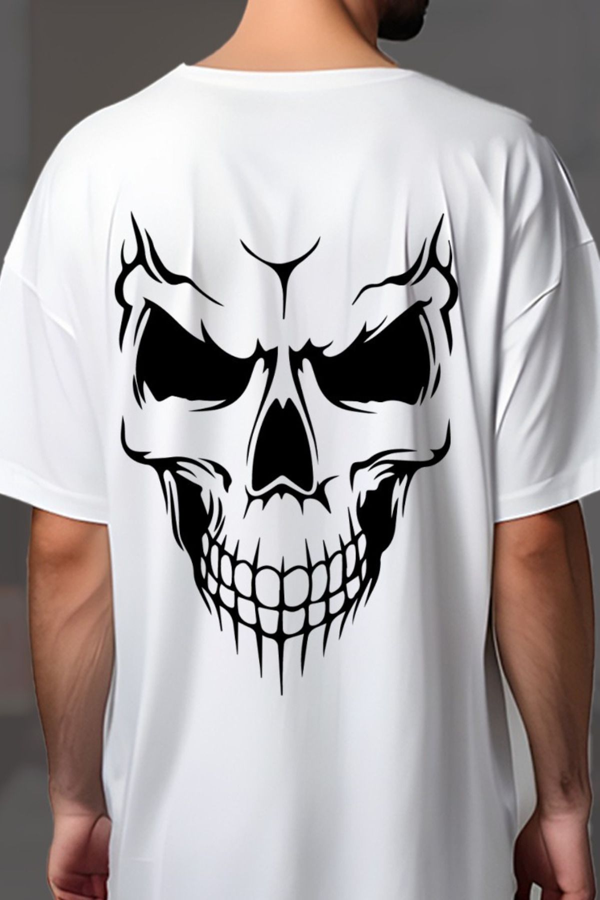 FECCY Pamuklu Skull Baskılı Oversize T-shirt