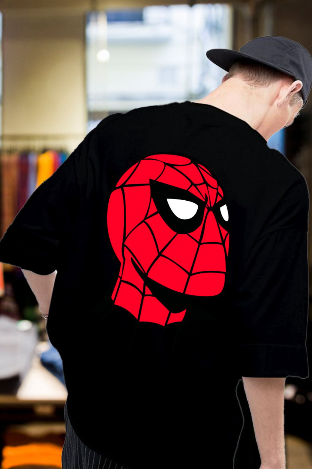 FECCY Pamuklu Spiderman Baskılı Oversize T-shirt