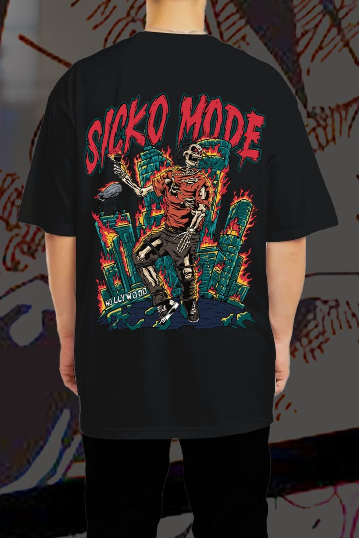 FECCY Pamuklu Sicko Mode Baskılı Oversize T-shirt