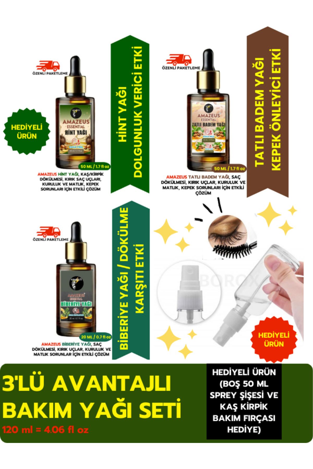 Amazeus HİNT 50 ML, TATLI BADEM 50 ML, BİBERİYE 20 ML BİTKİSEL YAĞ SETİ %100 SAF (HEDİYELİ ÜRÜN)