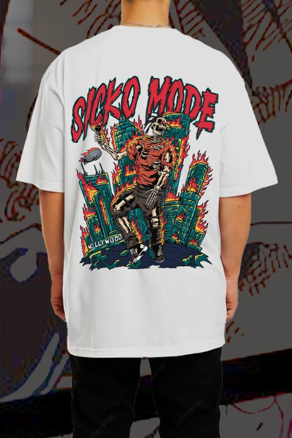 FECCY Pamuklu Sicko Mode Baskılı Oversize T-shirt