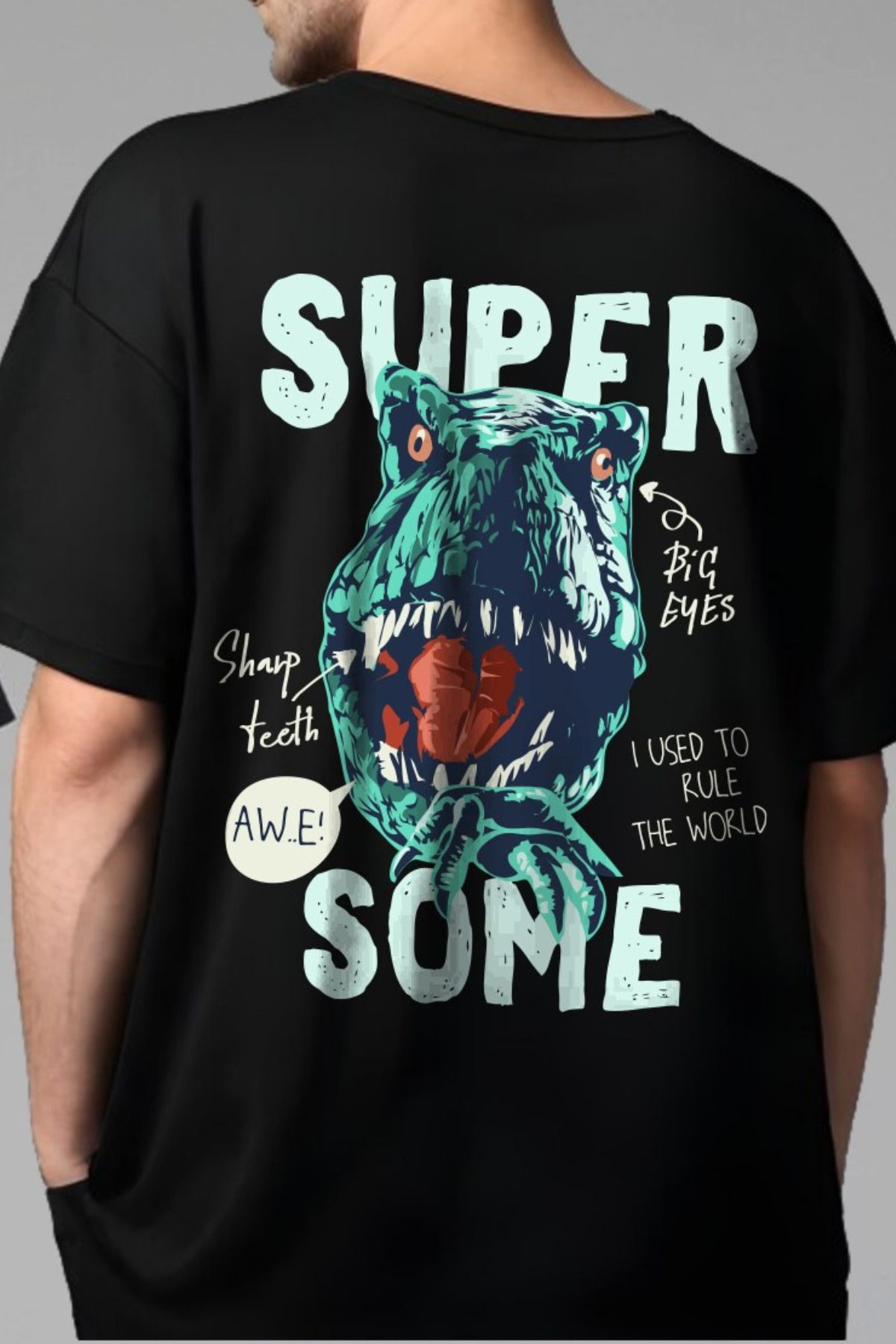 FECCY Pamuklu Super Awesome Dinosaur Baskılı Oversize T-shirt