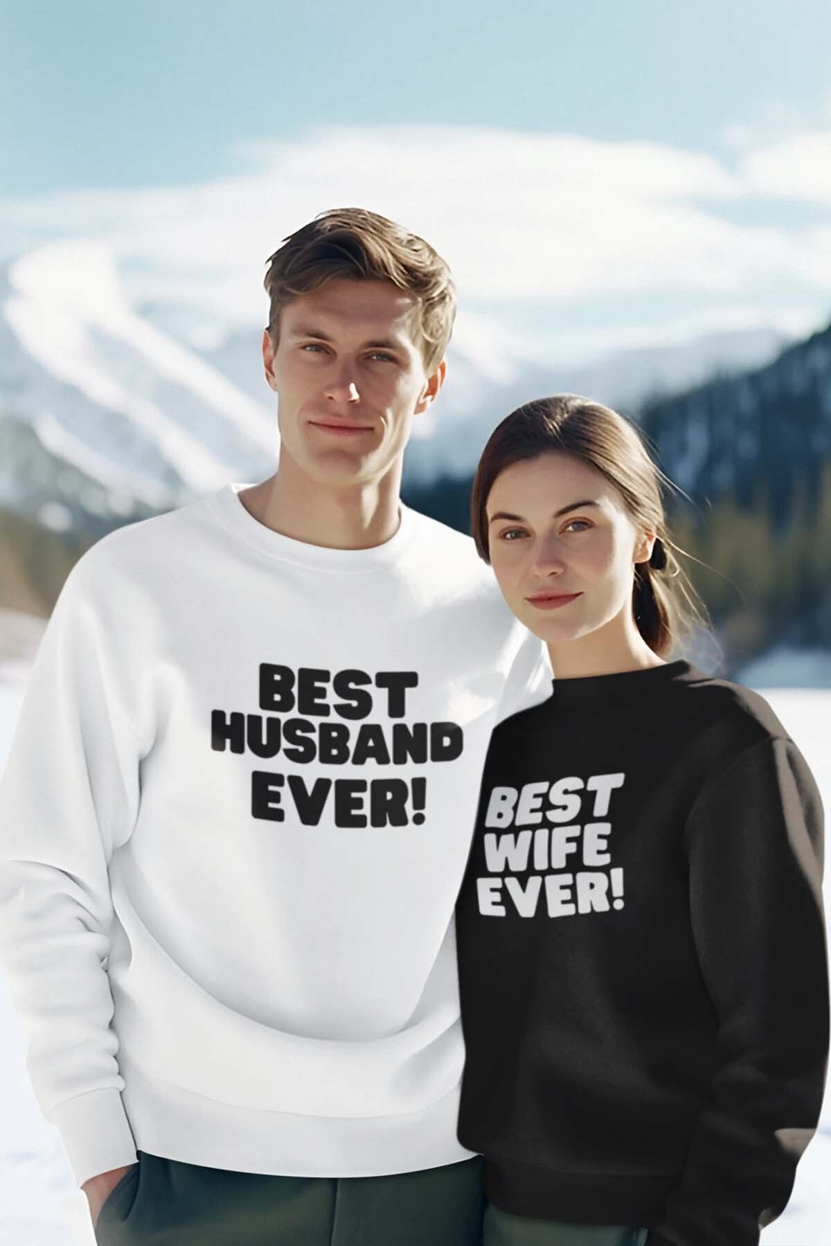 qoeuyl boutique Best Husband - Wife Ever Sevgili Çift Kombin Sevgililer Günü Hediye Baskılı Bisiklet Yaka Sweatshirt