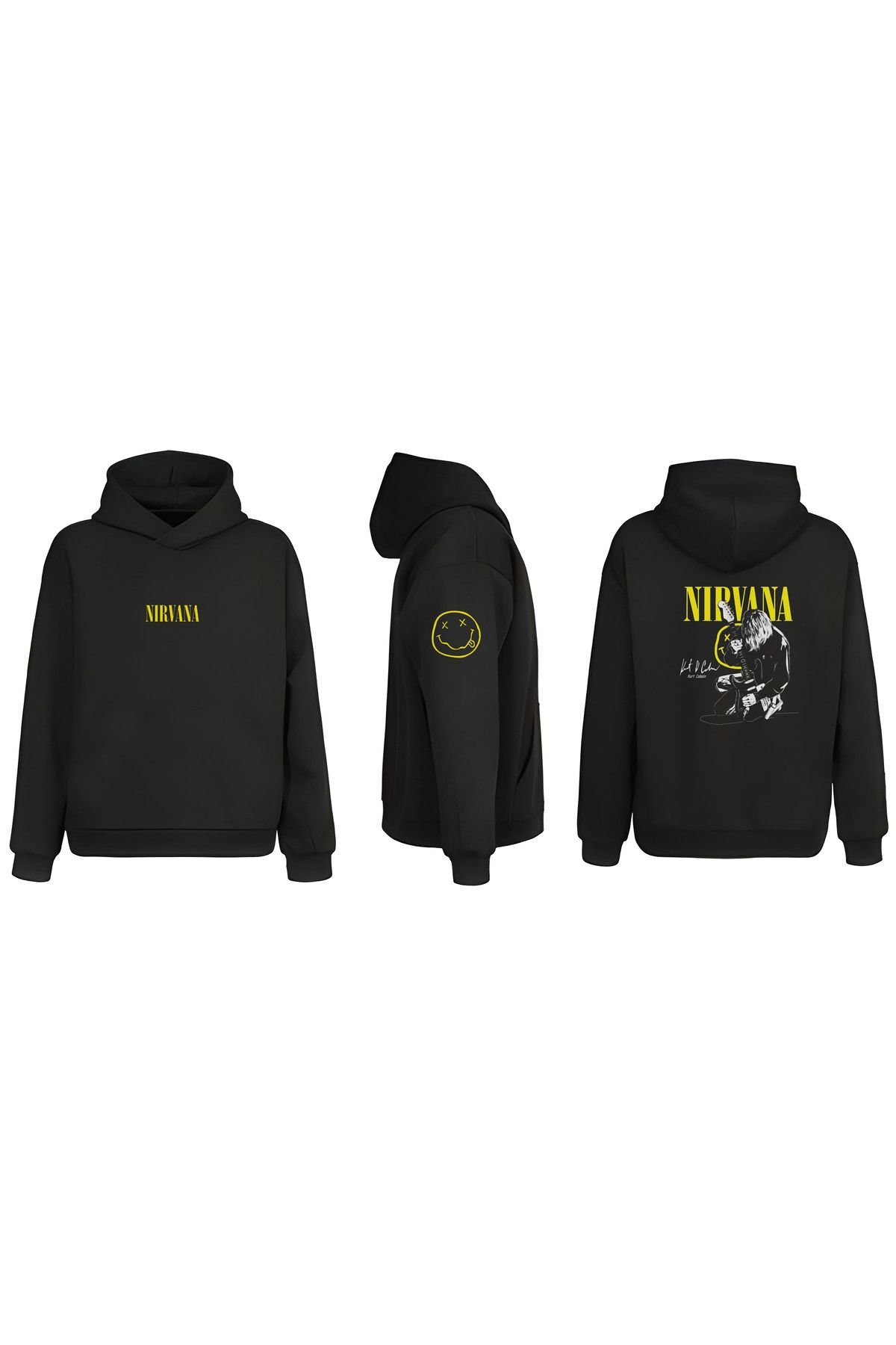 sielta Nirvana Müzik Grubu Kol Baskılı Çift Taraflı Kapşonlu Unisex Siyah Sweathsirt Hoodie