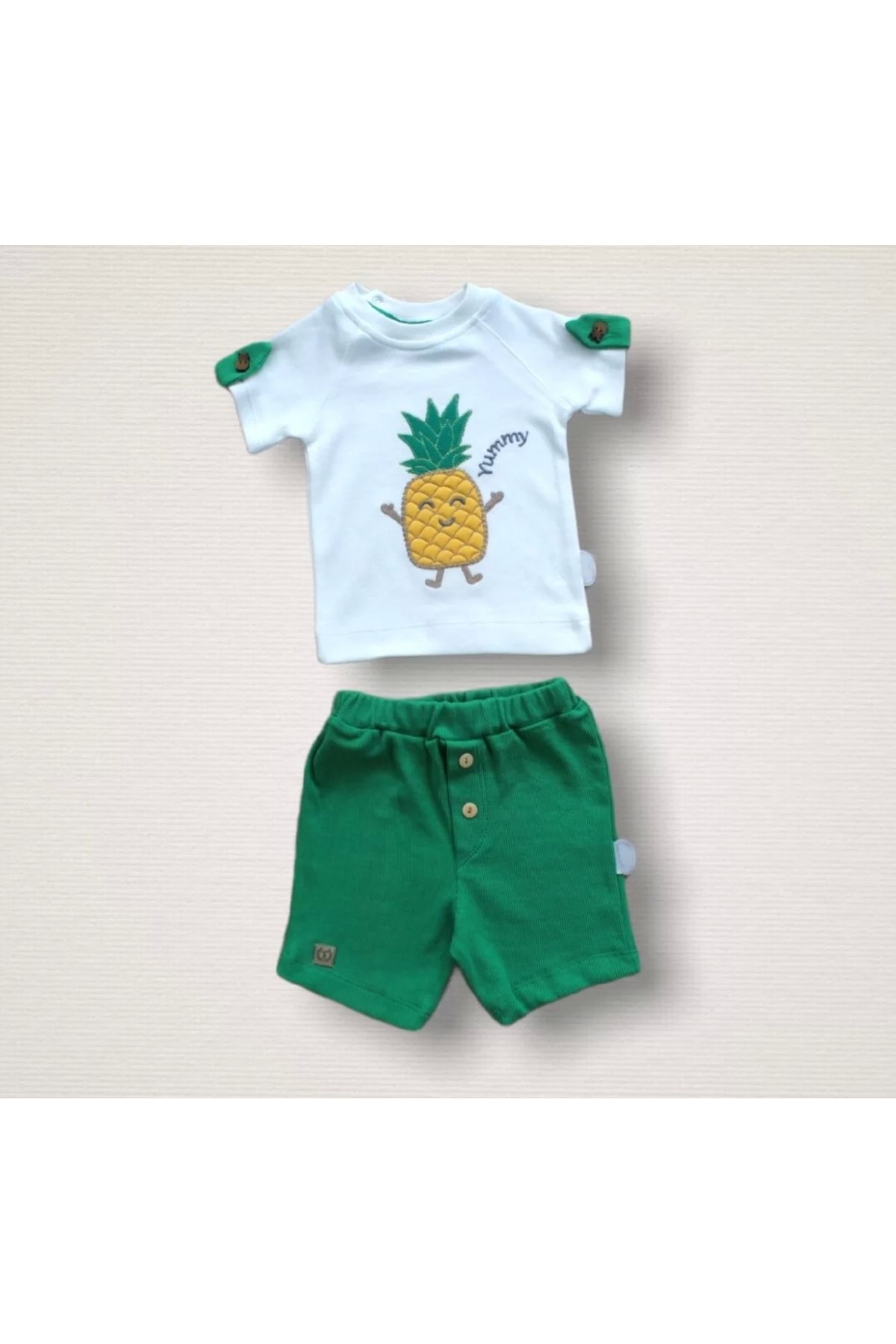 Moda Azze Ananas Nakışlı Kısa Kollu Sweatli Şortlu 2li Kız-erkek Bebek Takımı Yeşil