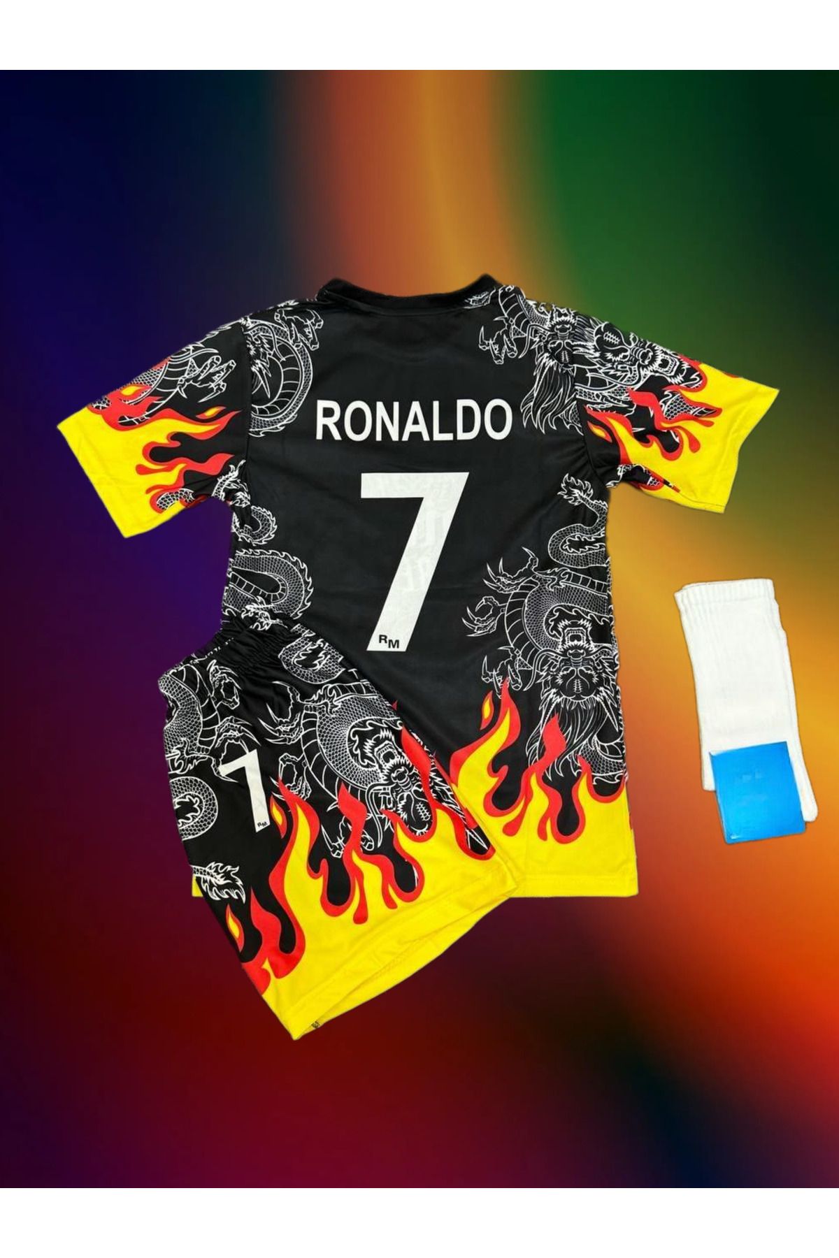 kombinezyum CR7 Ronaldo Ateş Alev Desenli Çocuk Forması 3 Lü Set