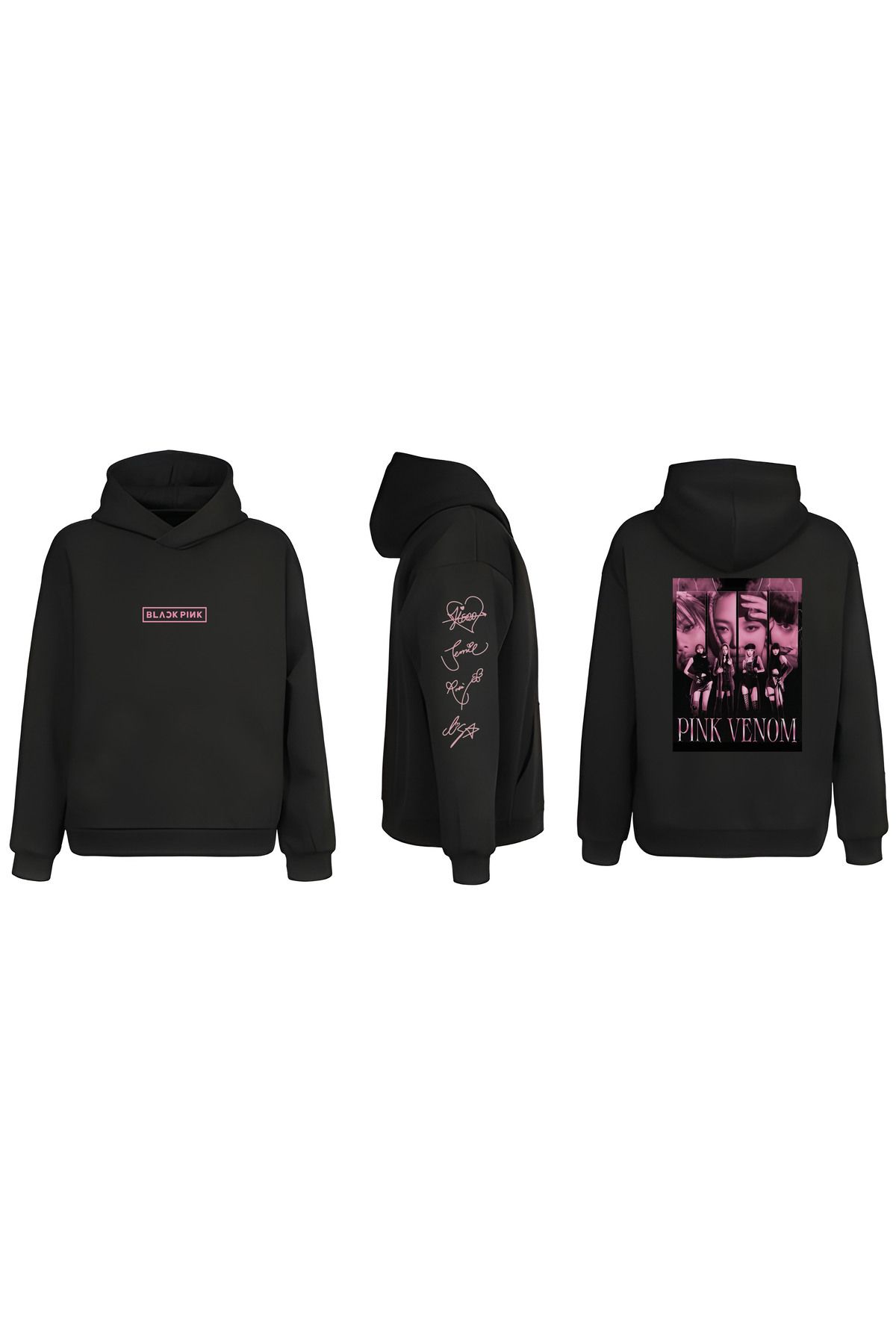 sielta Blackpink Müzik Grubu Kol Baskılı Çift Taraflı Kapşonlu Unisex Siyah Sweathsirt Hoodie