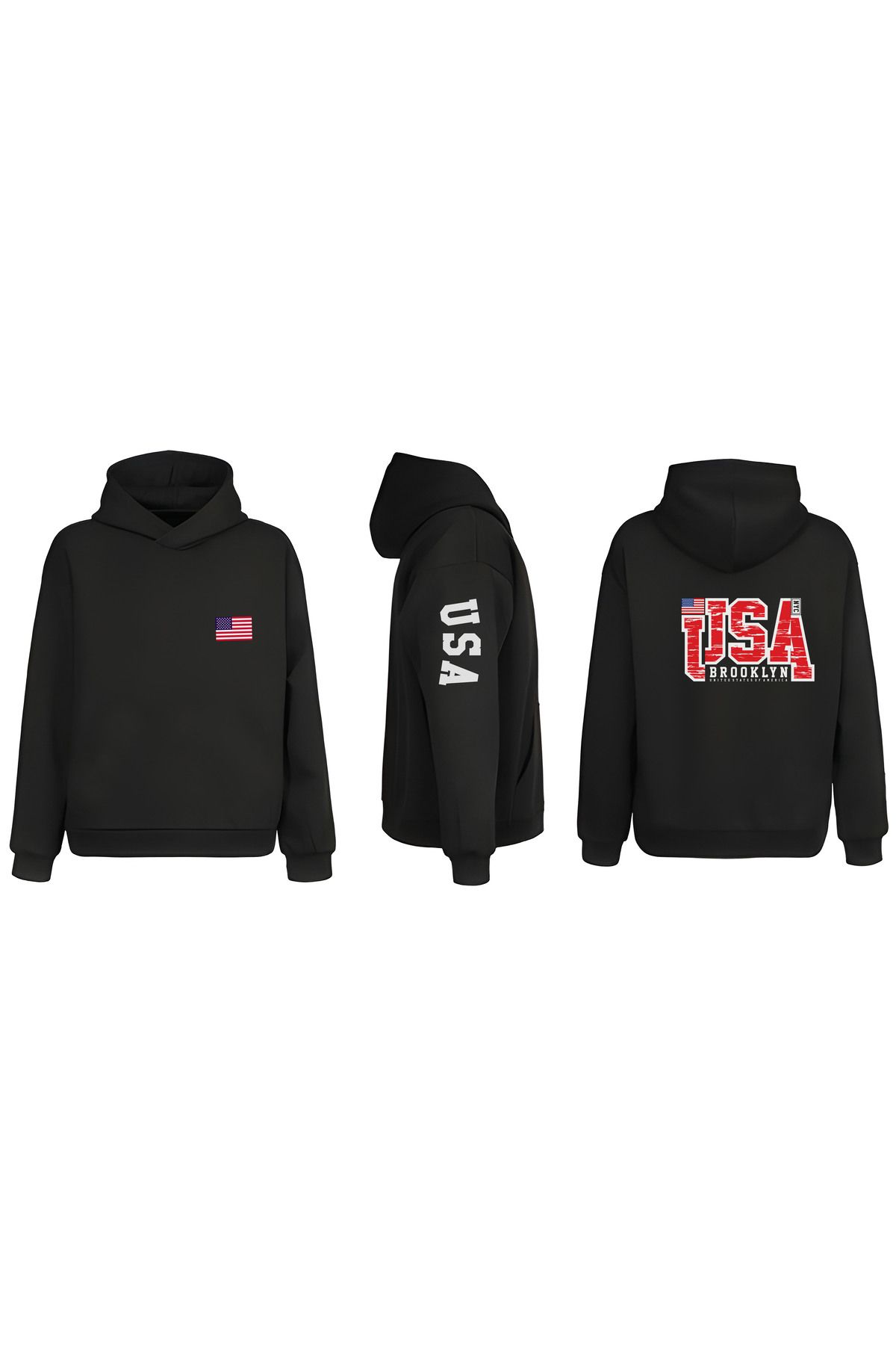 sielta Amerika Usa Bayrağı Kol Baskılı Çift Taraflı Kapşonlu Unisex Siyah Sweathsirt Hoodie