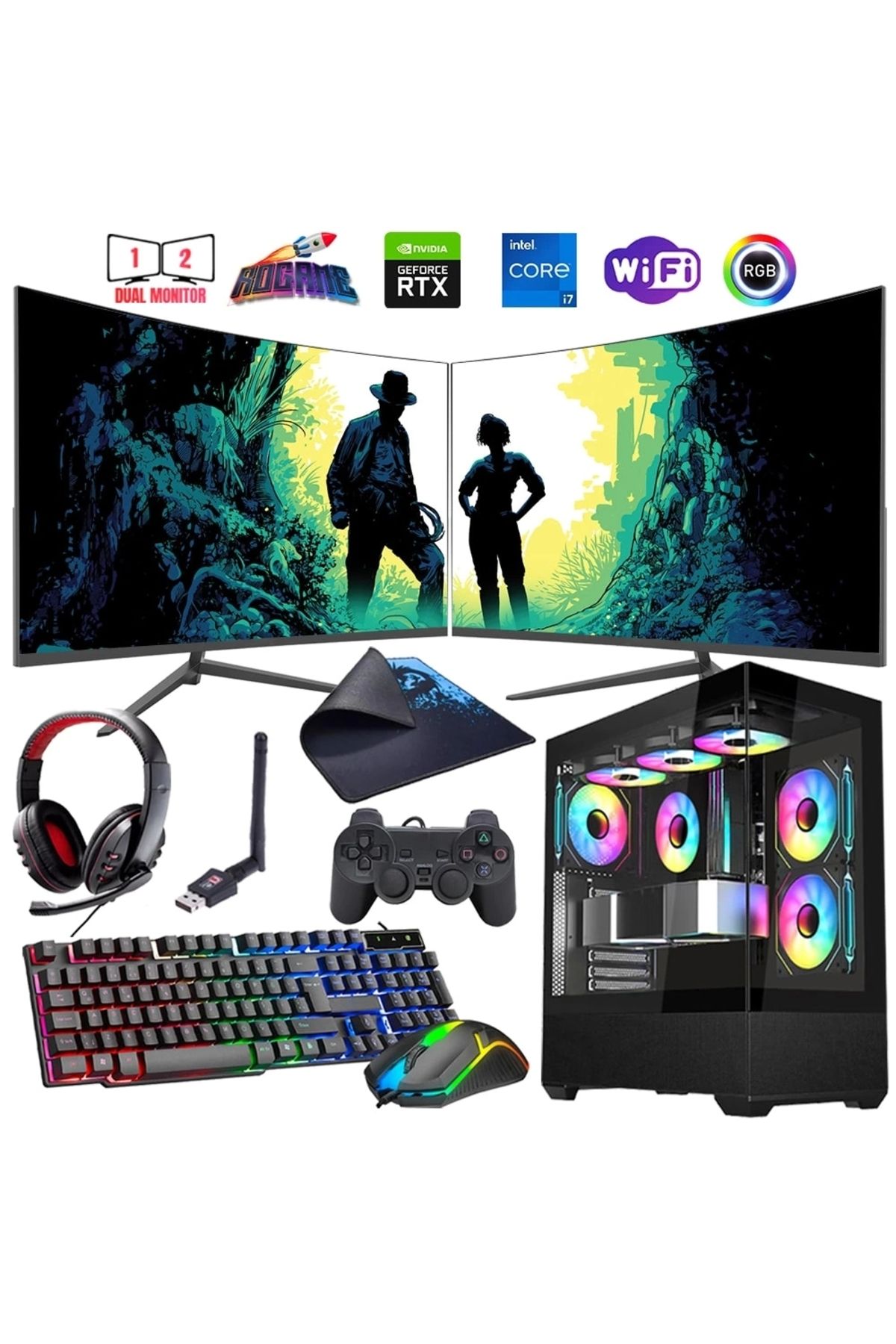 ROGAME i7 12700F 16GB DDR4 512GB M2 8GB RTX4060 Çift 24" Mon. Oyun Bilgisayarı (Gaming SET)