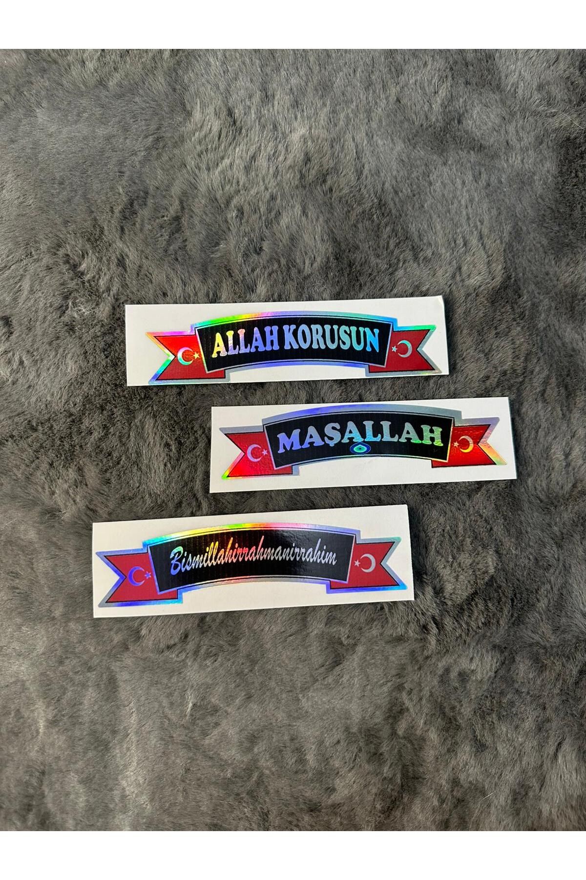 MOTTOMOR Maşallah Besmele Allah Korusun 3'lü Hologram Etiket Sticker Yapıştırma Araba Tır Kamyon Dolmuş