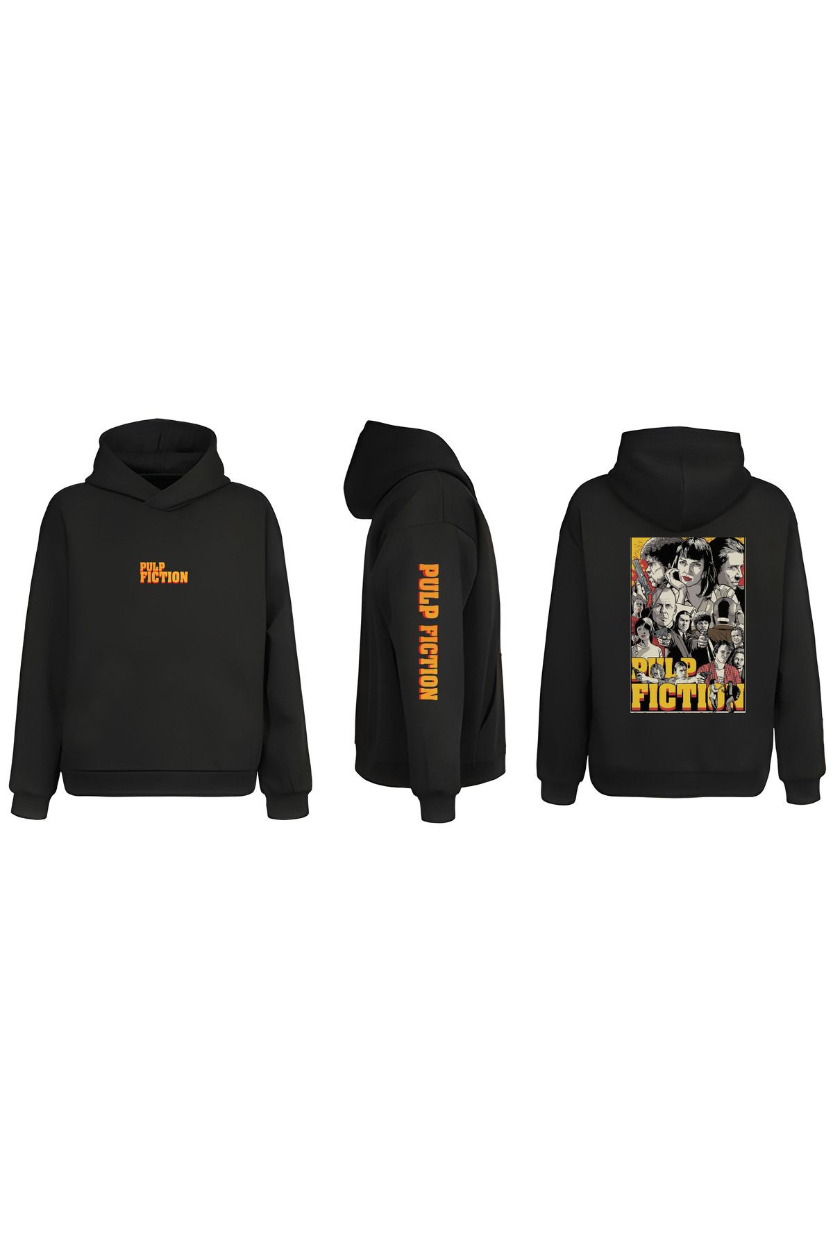 sielta Pulp Fiction Ucuz Roman  Kol Baskılı Çift Taraflı Kapşonlu Unisex Siyah Sweathsirt Hoodie