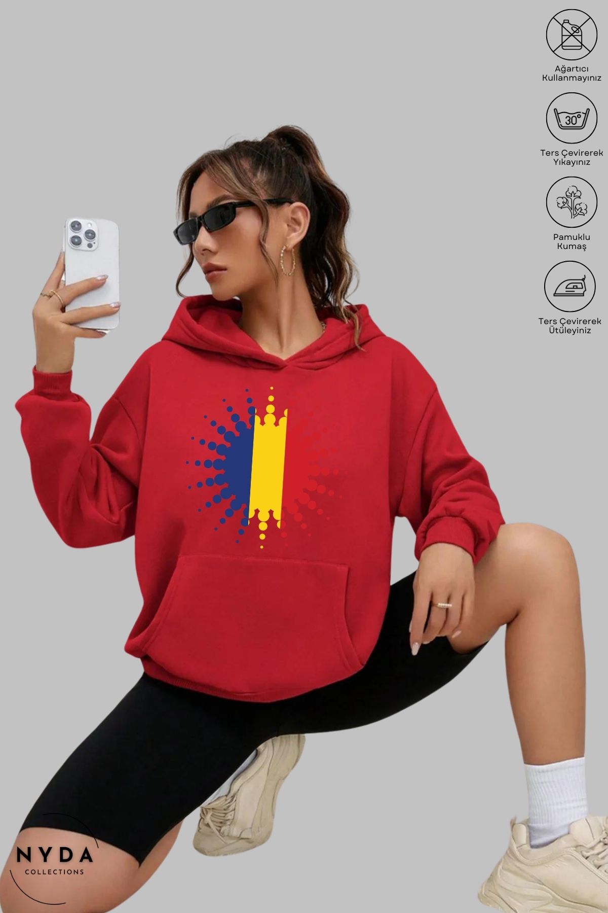 Nyda Collections Unisex Hoodie Uzun Kollu Romania Baskılı Kapüşonlu Şardonlu Oversize Pamuk Sweatshirt