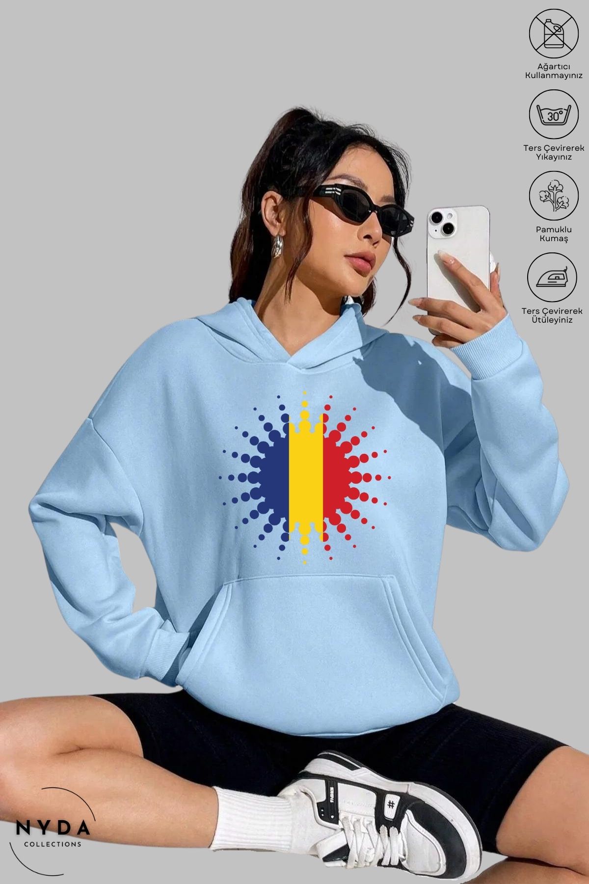 Nyda Collections Unisex Hoodie Uzun Kollu Romania Baskılı Kapüşonlu Şardonlu Oversize Pamuk Sweatshirt