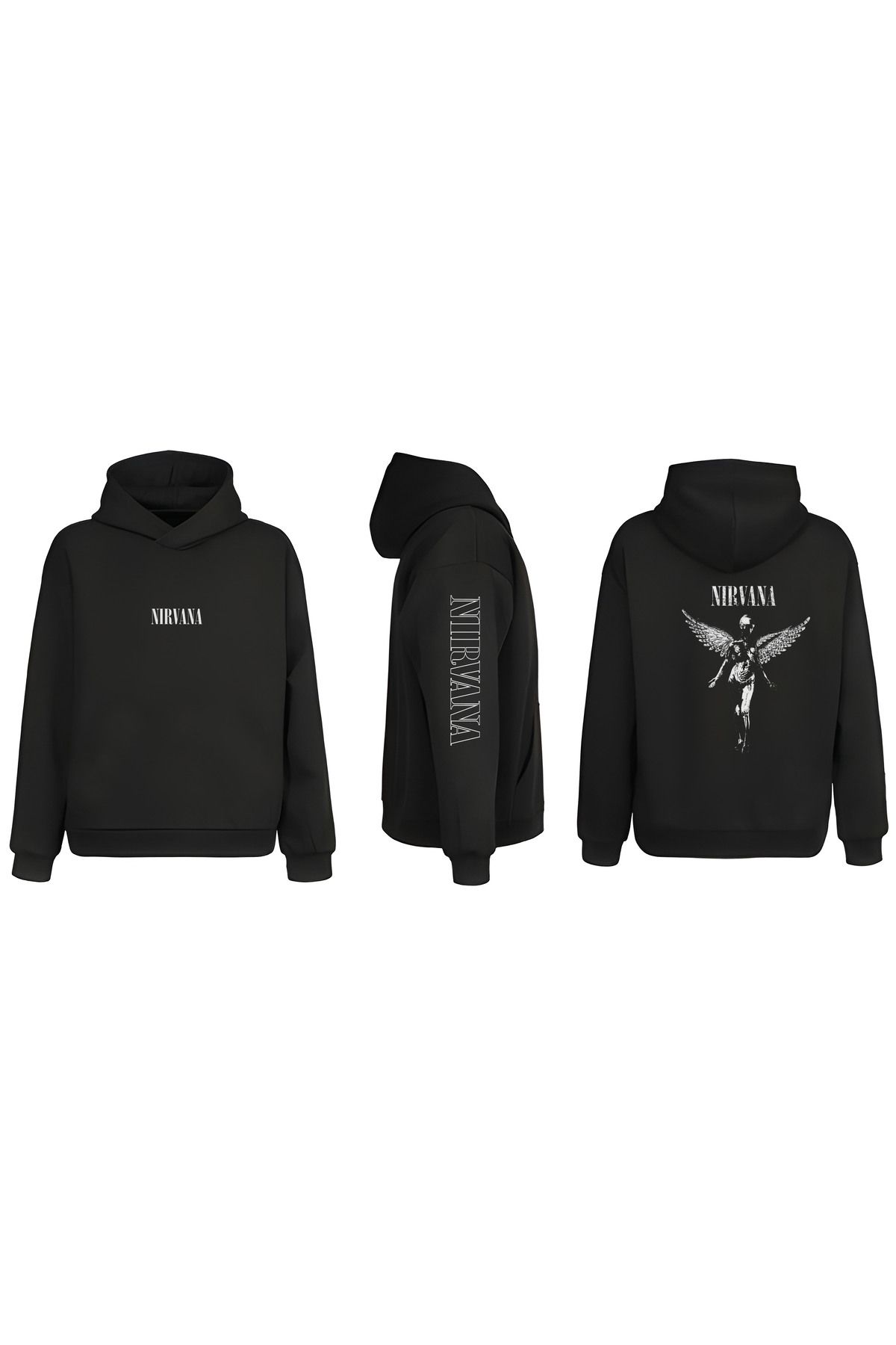 sielta Nirvana Müzik Grubu Kol Baskılı Çift Taraflı Kapşonlu Unisex Siyah Sweathsirt Hoodie