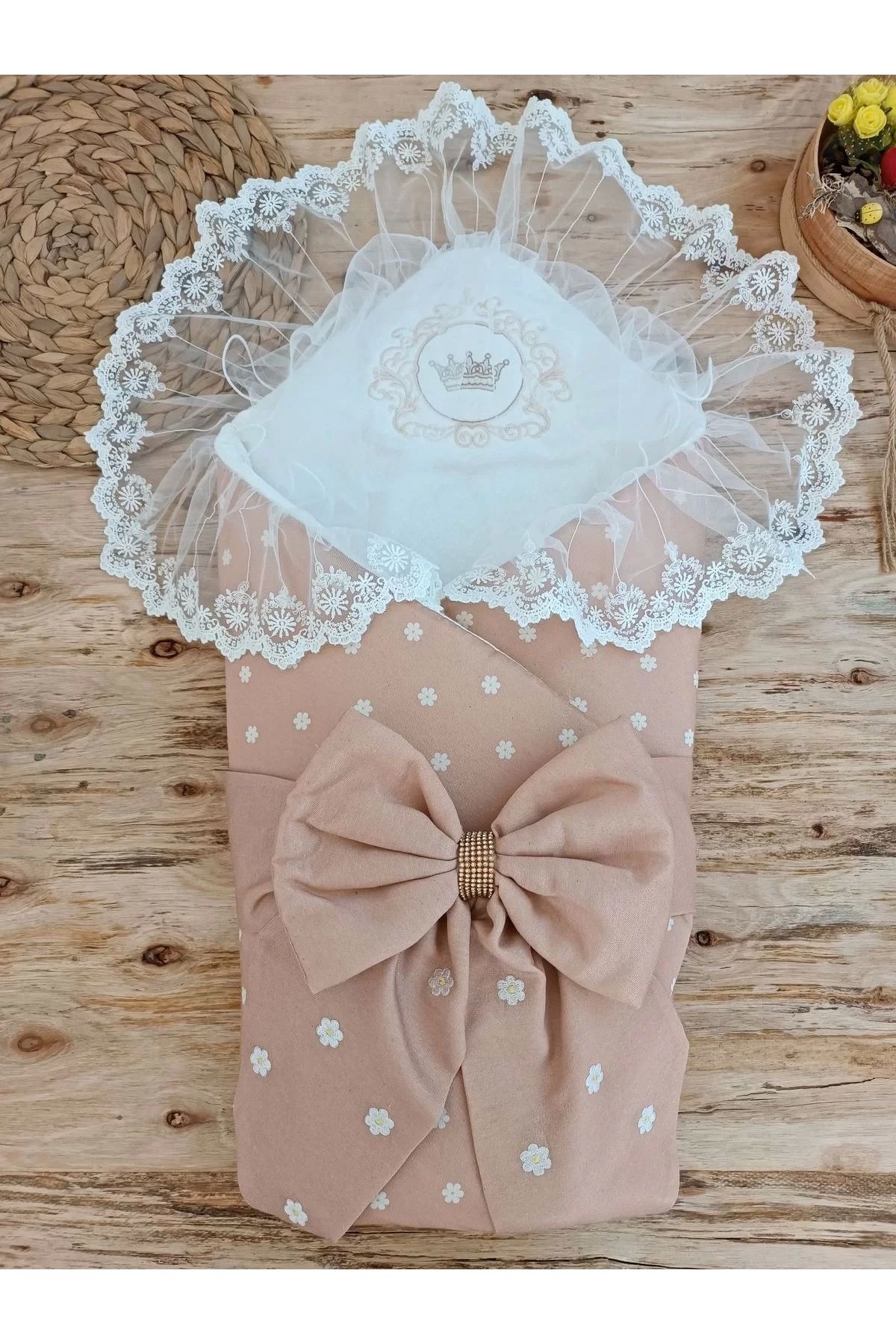 Moda Azze Yenidoğan Papatya Desenli Trilüks Unisex Kundak Bebek Battaniyesi Kahverengi