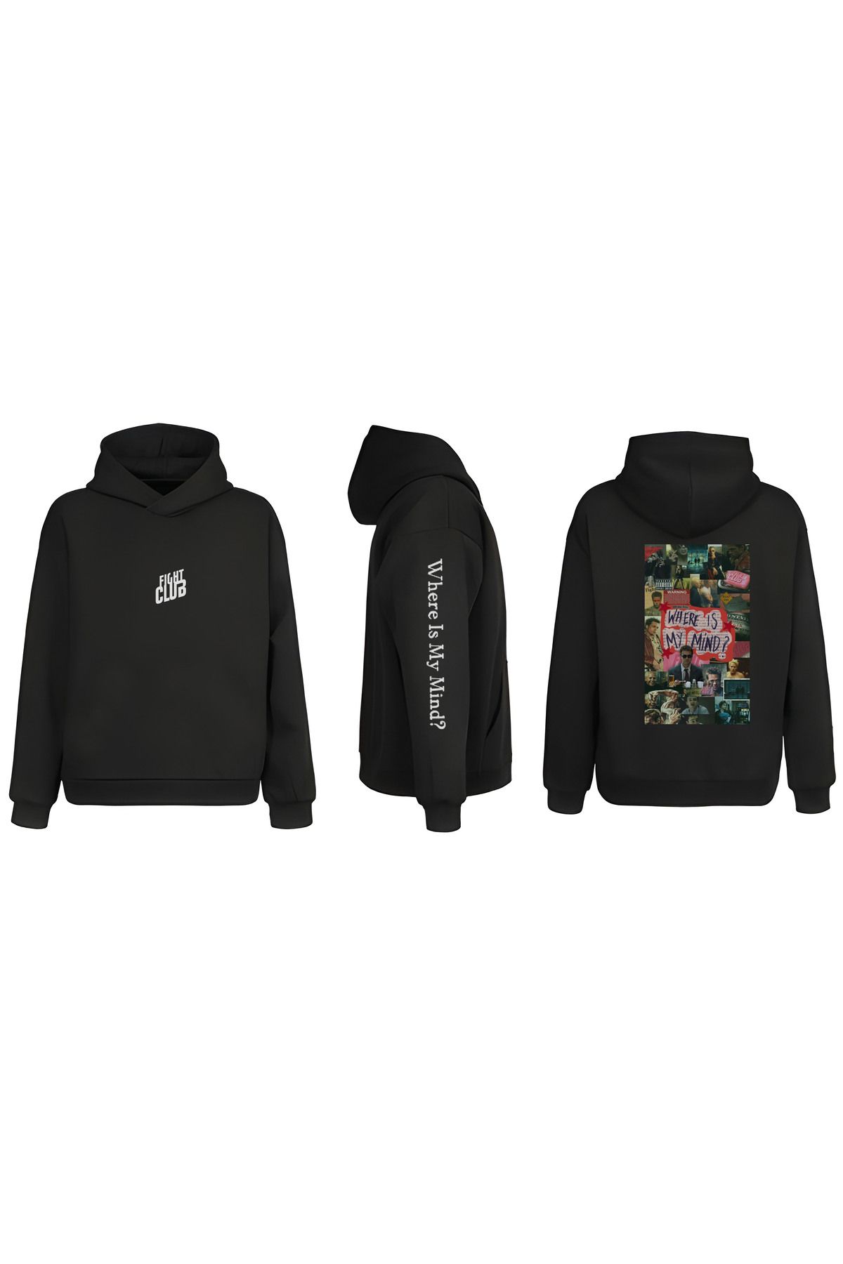 sielta Fight Club  Dövüş Kulübü Kol Baskılı Çift Taraflı Kapşonlu Unisex Siyah Sweathsirt Hoodie