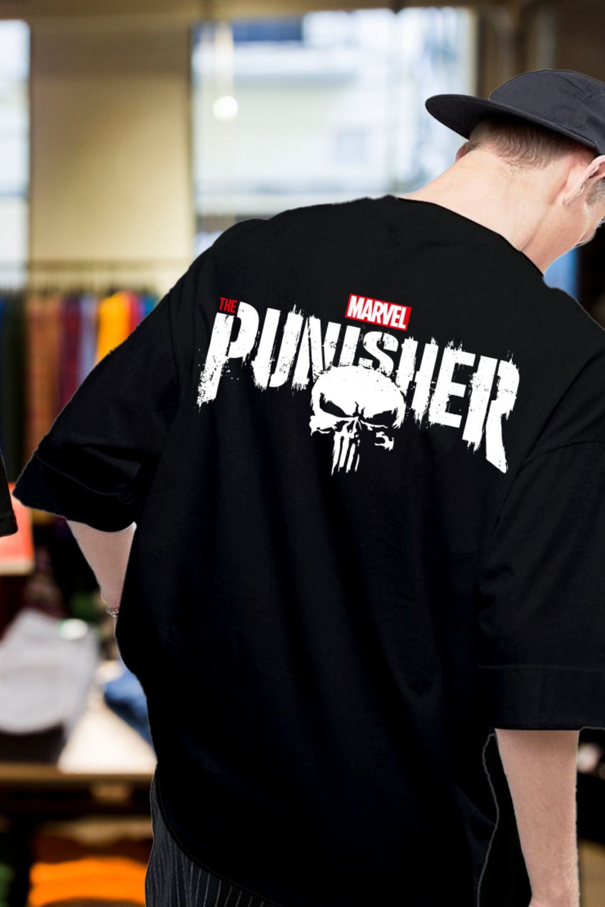 FECCY Pamuklu The Punisher Baskılı Oversize T-shirt