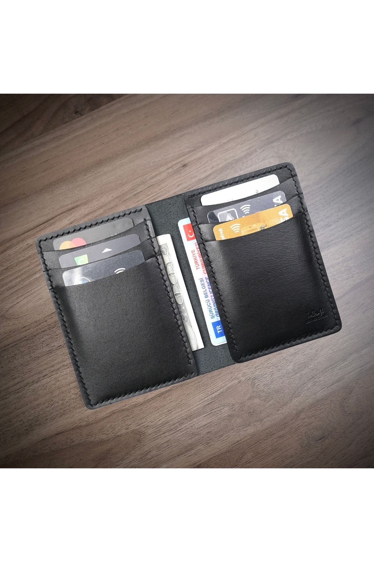 shop Leather Vertical Wallet V2 - El Yapımı Gerçek Deri Kartlık, Kağıt Para Bölmeli (SİYAH)