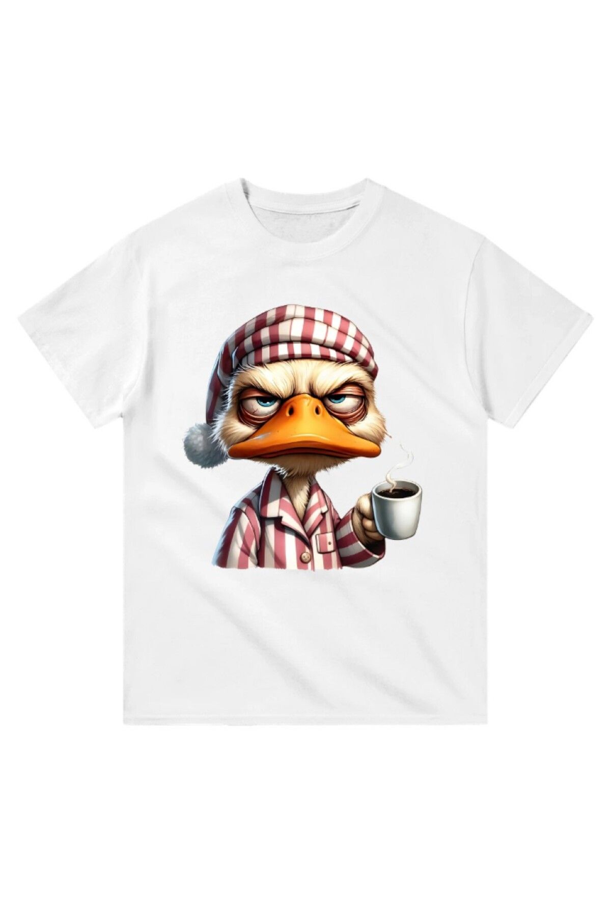 Cooqpoo Sinirli Uykulu Kahveli Ördek Baskılı XS-S-M-L-XL-2XL Beden Kadın Erkek Unisex Pamuklu Beyaz Tshirt