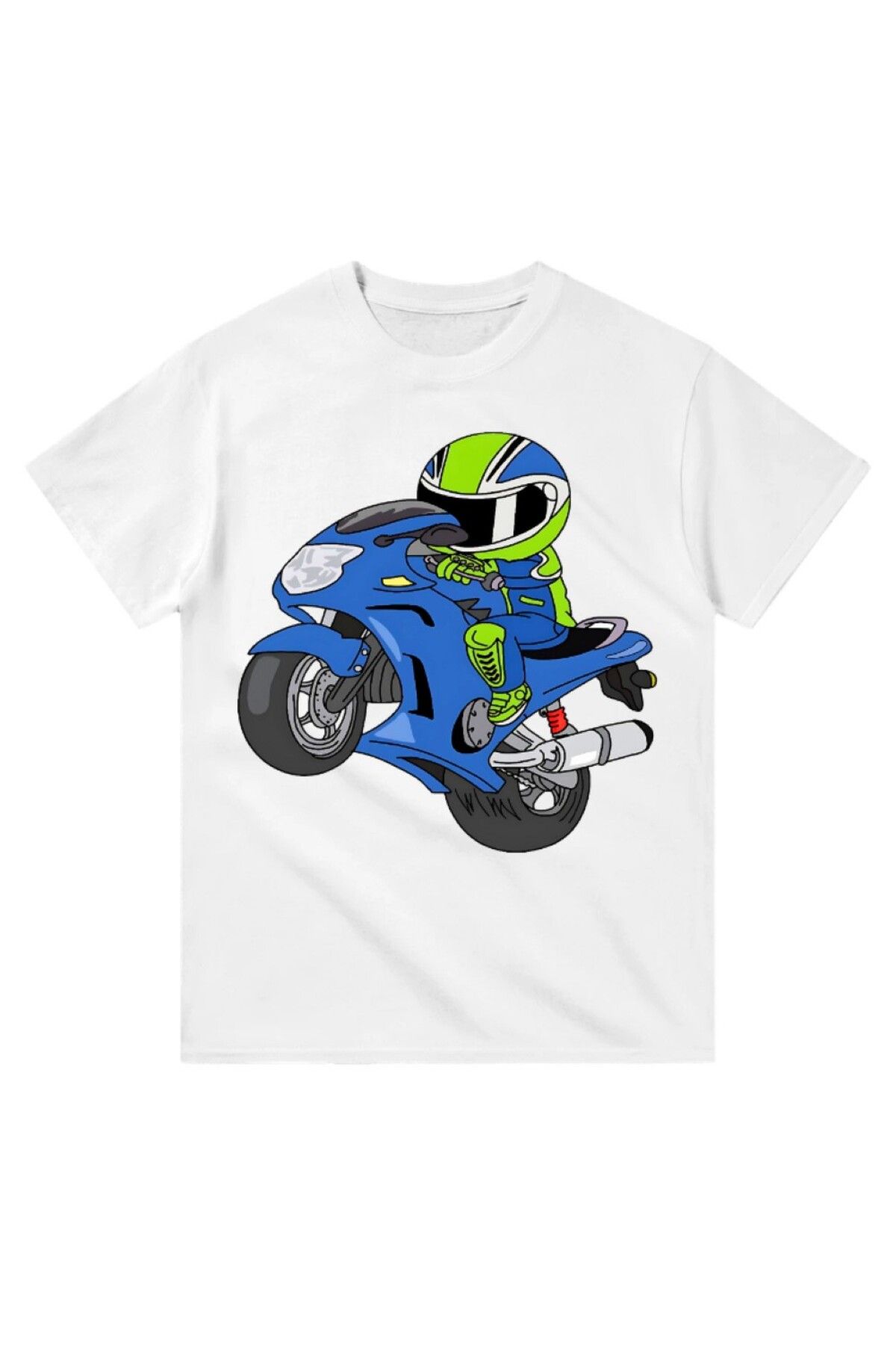 Cooqpoo Mavi Yeşil Motorcu Adam Baskılı XS-S-M-L-XL-2XL Beden Kadın Erkek Unisex Pamuklu Beyaz Tshirt