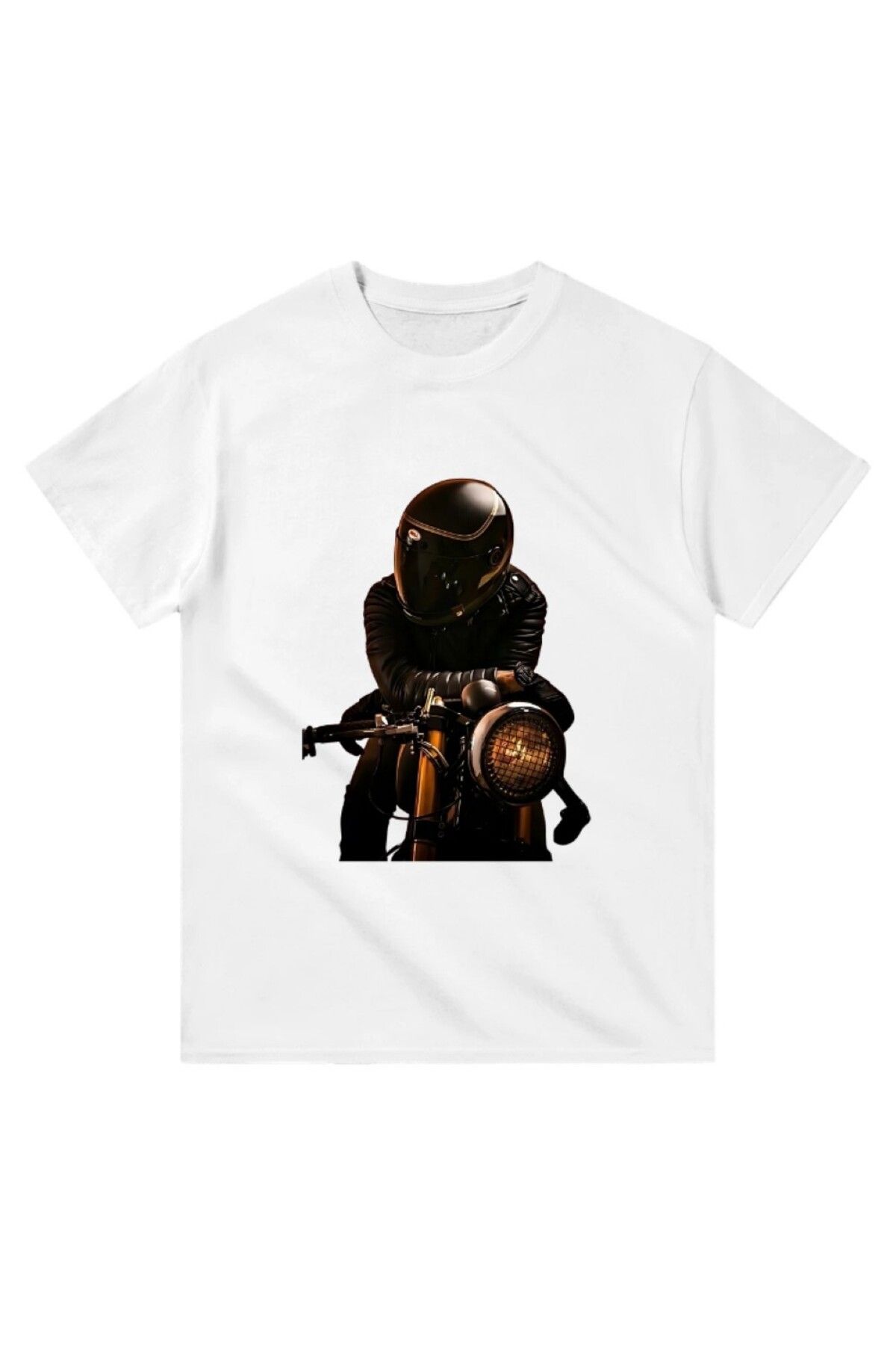 Cooqpoo Düşünen Siyah Motorcu Adam Baskılı XS-S-M-L-XL-2XL Beden Kadın Erkek Unisex Pamuklu Beyaz Tshirt