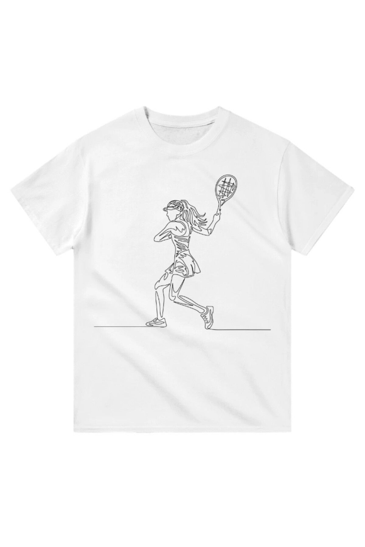 Cooqpoo Tenis Raketli Çizim Kadın Baskılı XS-S-M-L-XL-2XL Beden Kadın Erkek Unisex Pamuklu Beyaz Tshirt