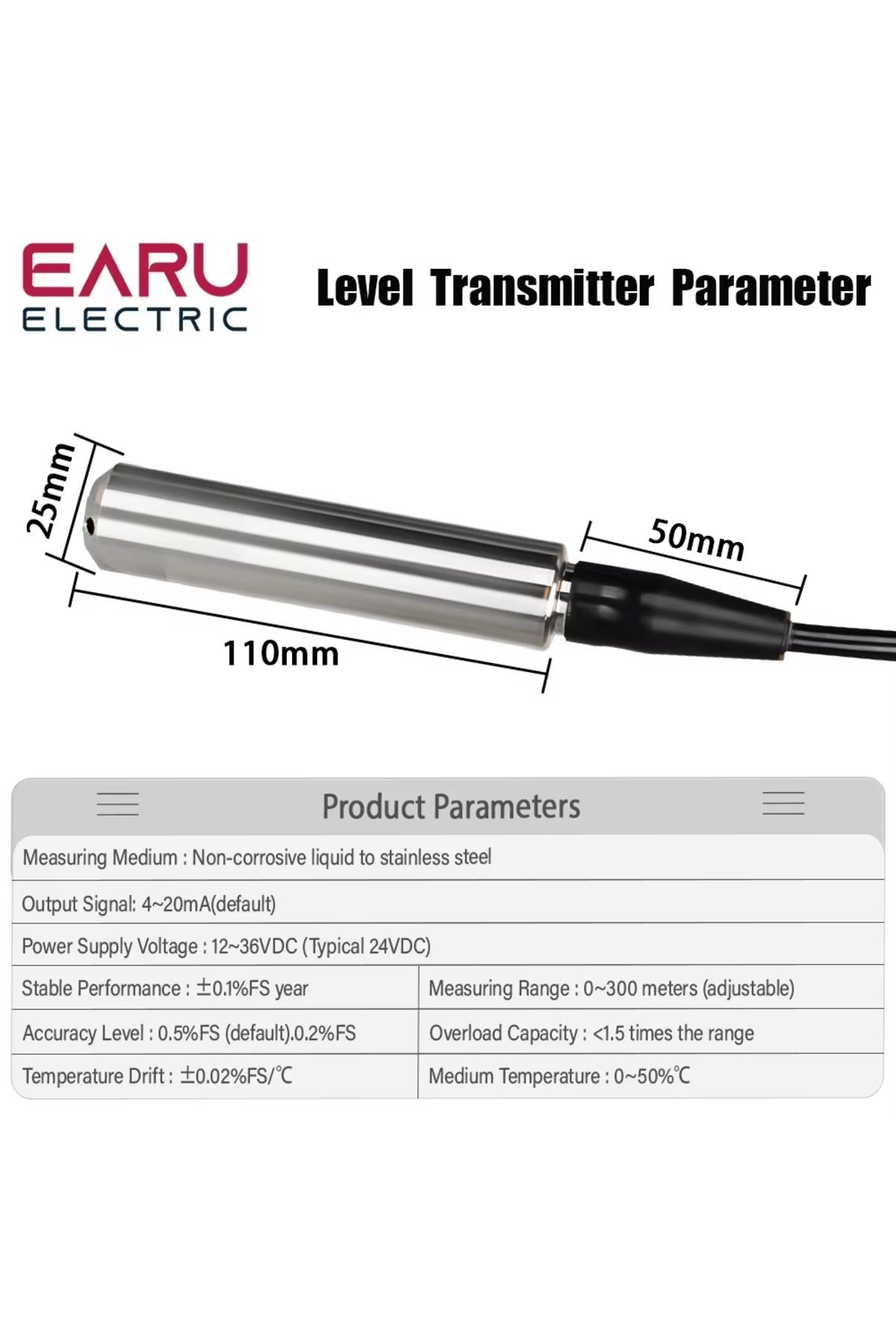 EARUELETRIC-1m Range 5m Cable 4-20ma Output Integral Level Transmitter Liquid Oil Water Level Sensor Probe Detec 2