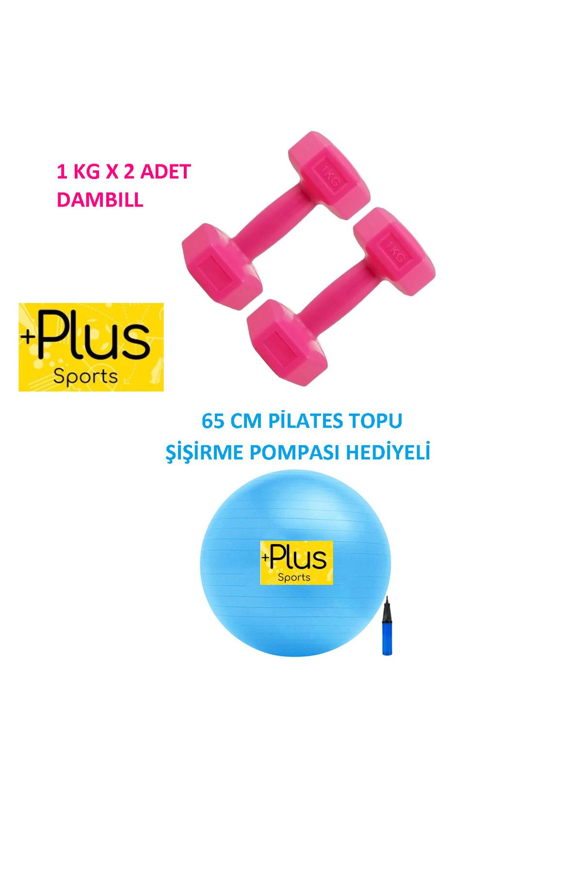 PLUSSPORT MAVİ PİLATES TOPU 65 CM VE PEMBE DAMBIL 1 KG X 2 ADET