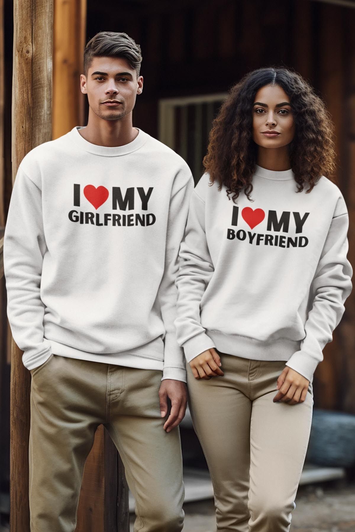 qoeuyl boutique I Love My Girlfriend-Boyfriend Sevgili Çift Kombin Sevgililer Günü Baskılı Bisiklet Yaka Sweatshirt