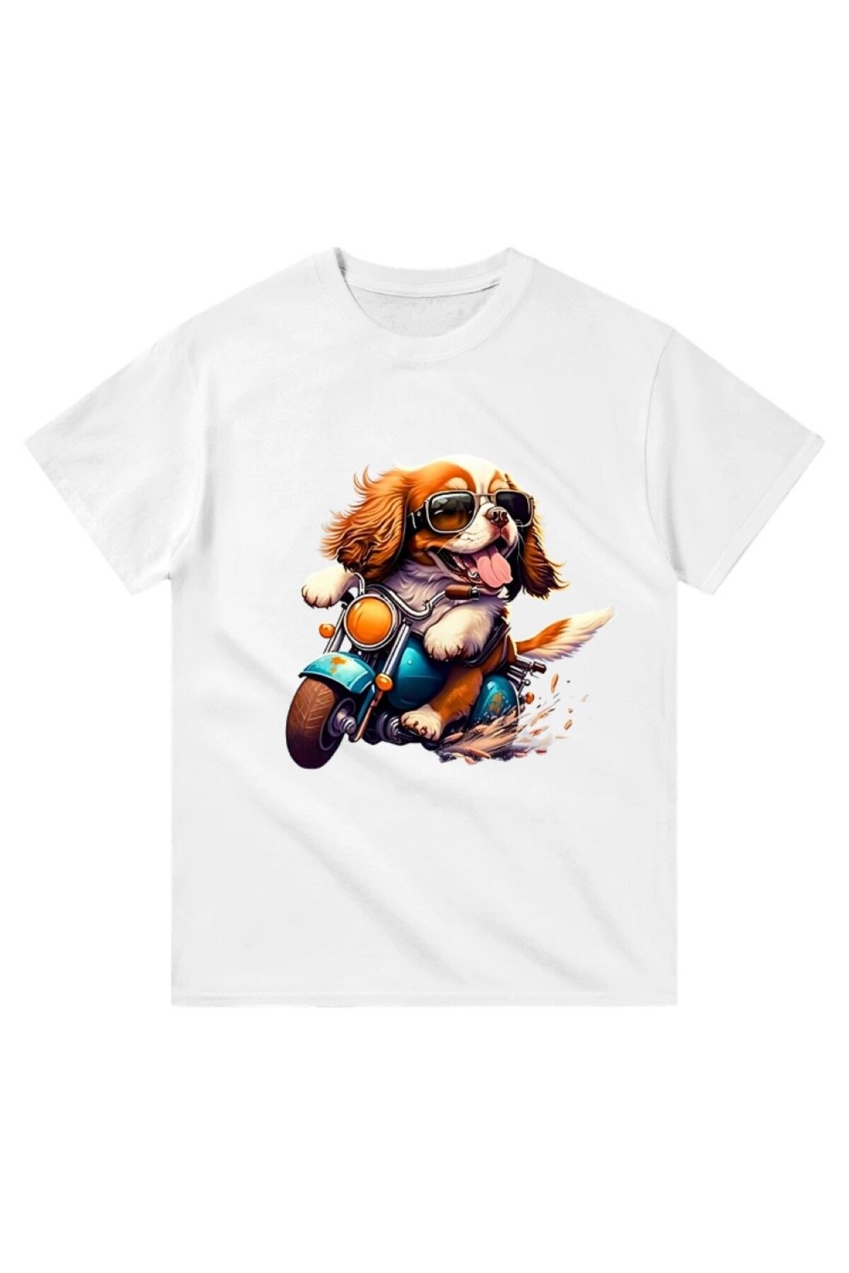 Cooqpoo Motora Binen Köpek Baskılı XS-S-M-L-XL-2XL Beden Kadın Erkek Unisex Pamuklu Beyaz Tshirt