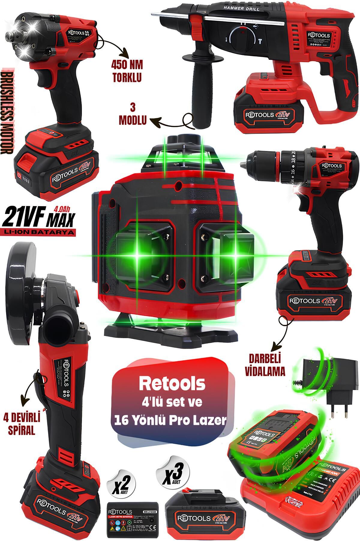 RETOOLS 5 Lİ SET (4 LÜ SET KIRMIZI + KIRMIZI 16 YÖNLÜ LAZER)