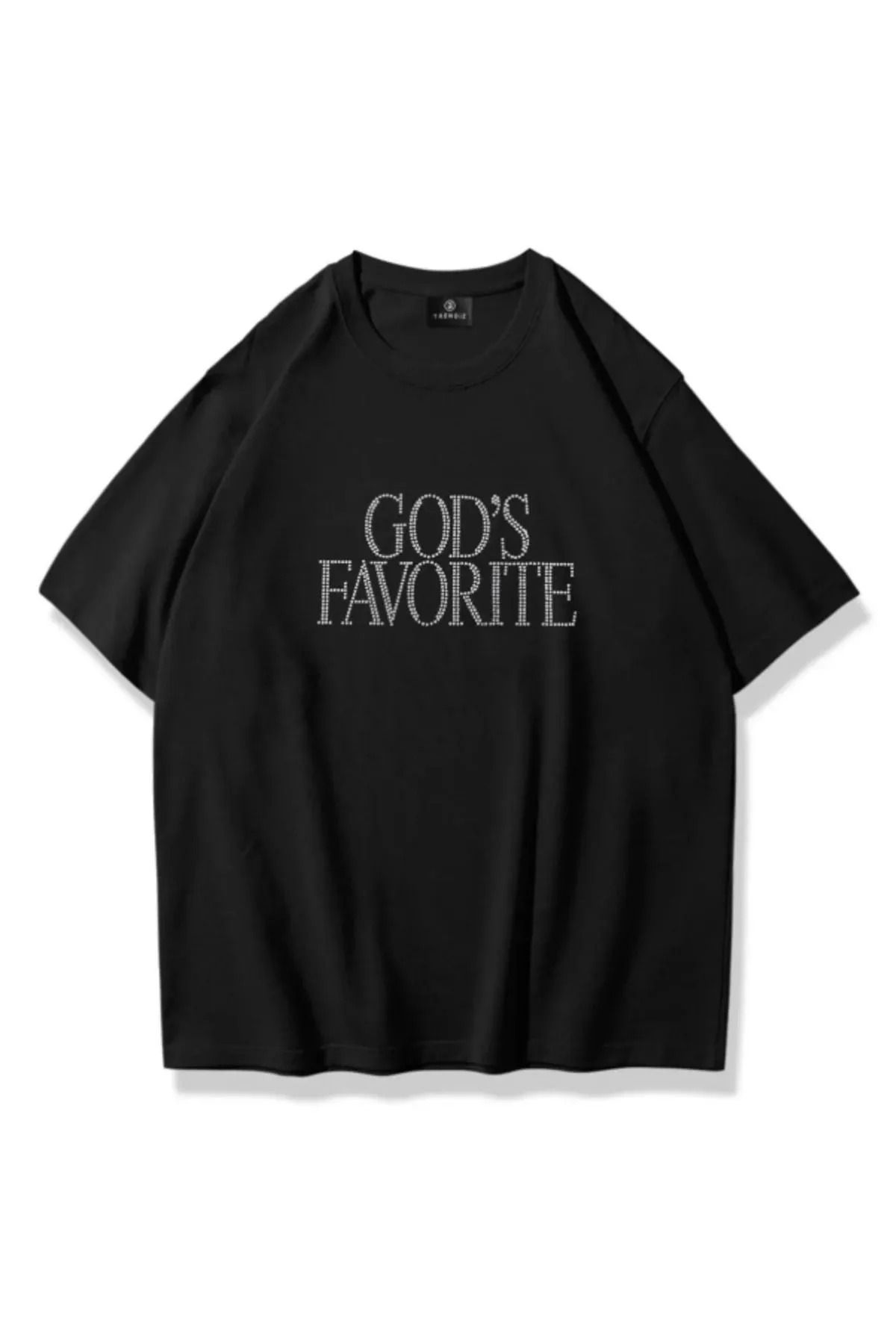 1blood Unisex God's Favorite Taş Baskılı Siyah Oversize Tshirt