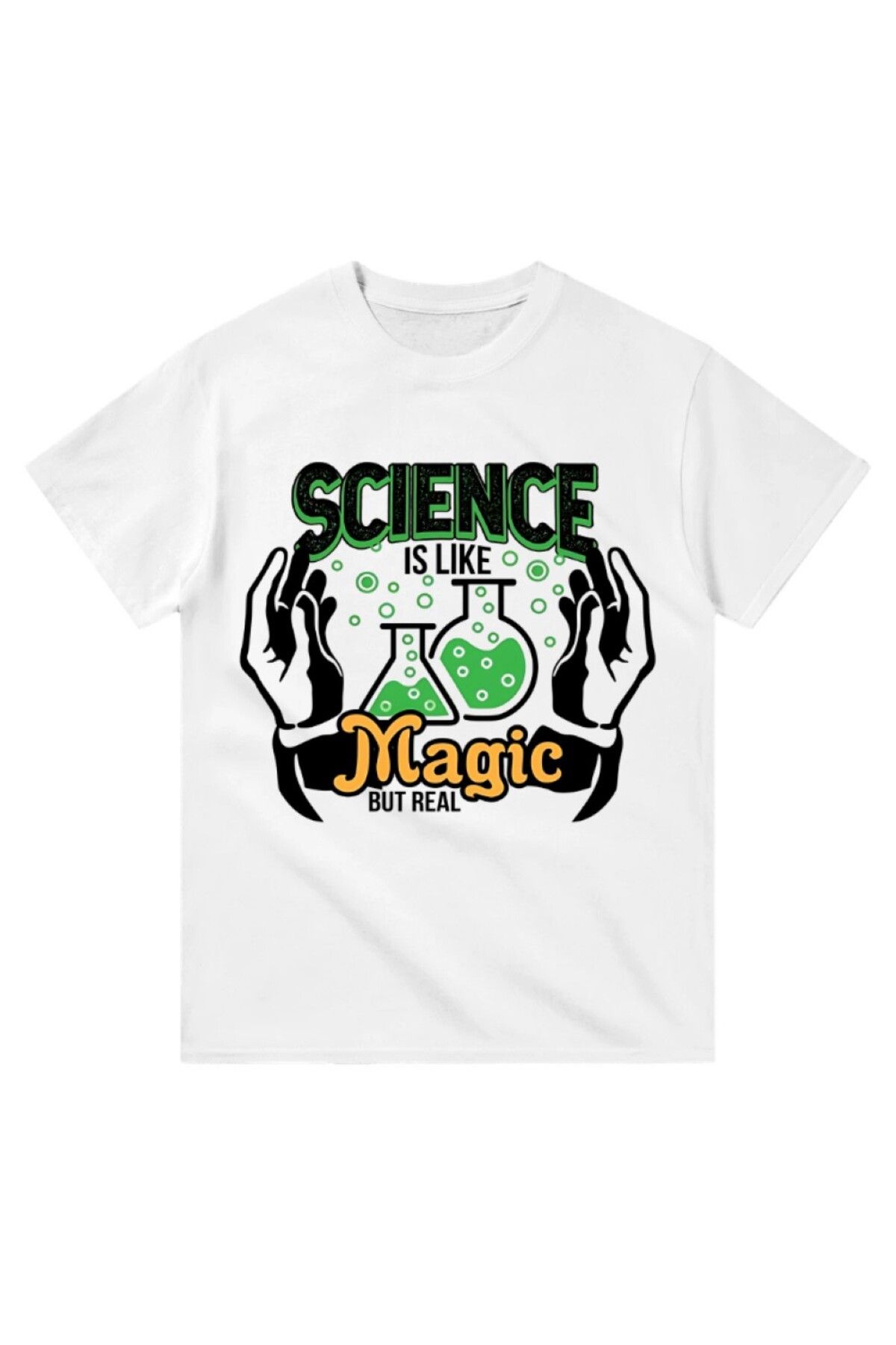 Cooqpoo Science İs Like Magic But Real Baskılı XS-S-M-L-XL-2XL Beden Kadın Erkek Unisex Pamuklu Beyaz Tshirt