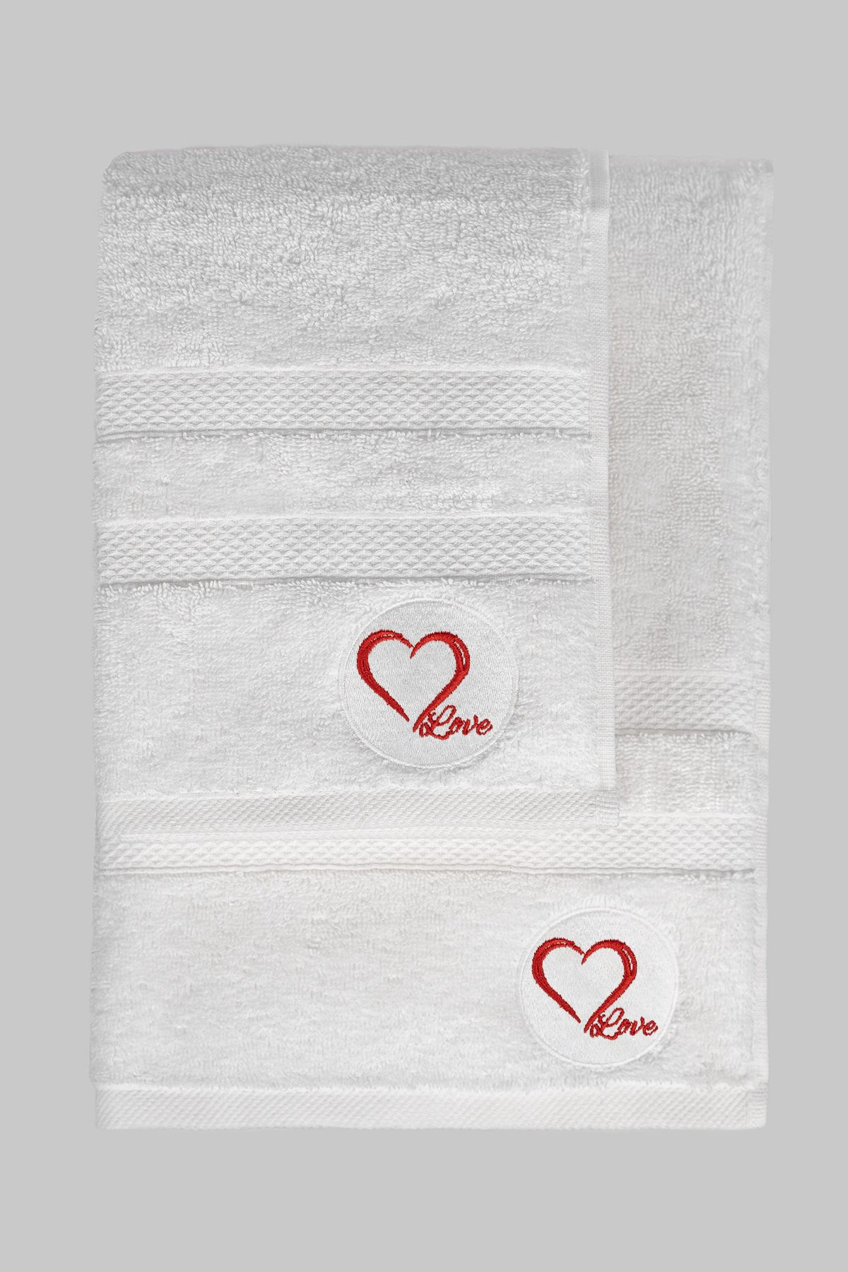 MODA Havlu Set - Beyaz Renk- Love Desen 70 X 140 Banyo Havlusu, 50 X 90 Yüz Havlusu