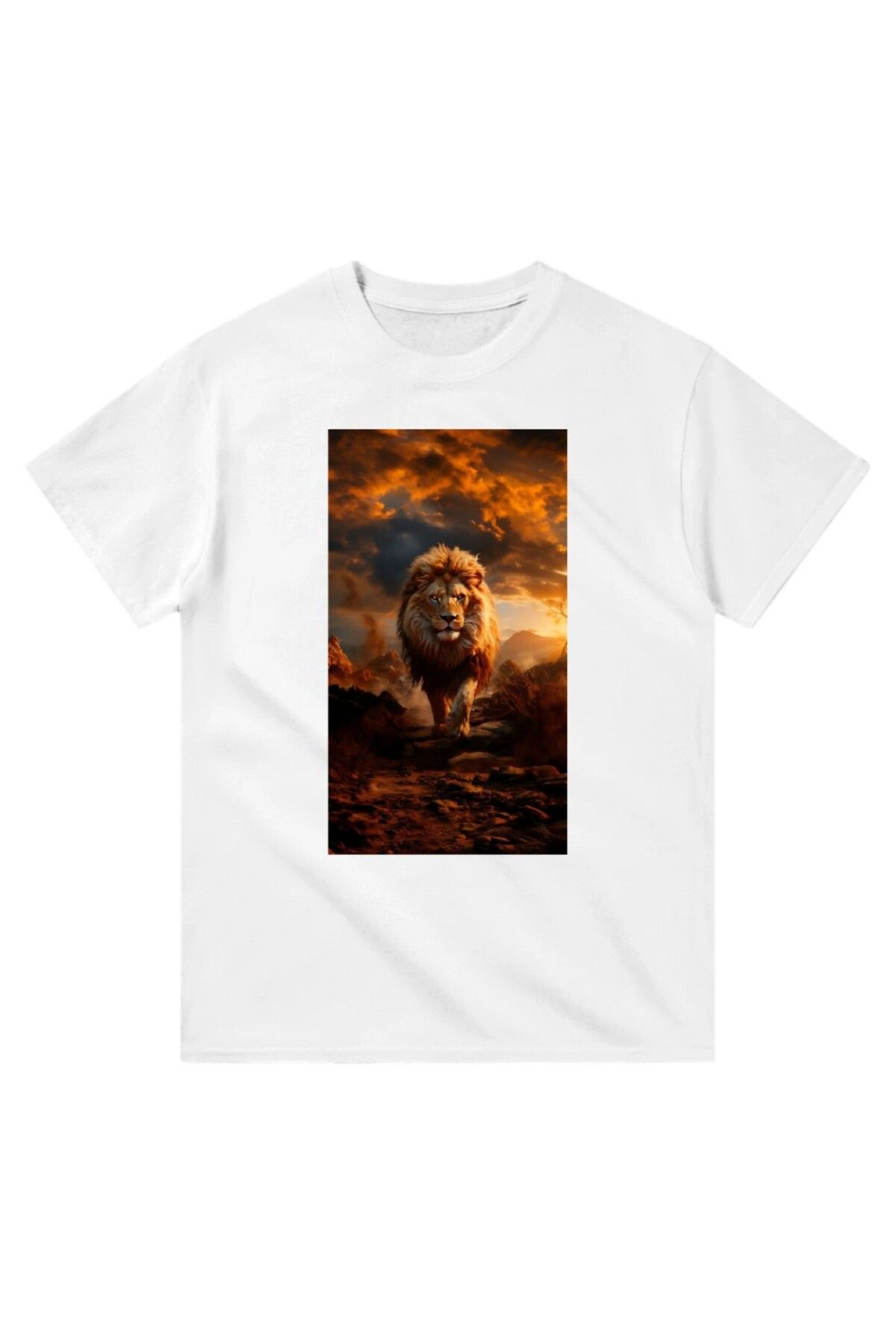 Cooqpoo Yürüyen Aslan Baskılı XS-S-M-L-XL-2XL Beden Kadın Erkek Unisex Pamuklu Beyaz Tshirt