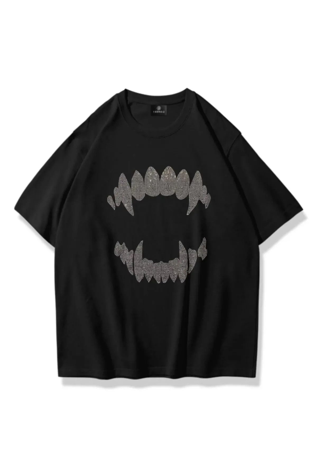 1blood Unisex Teeth Taş Baskılı Siyah Oversize Tshirt