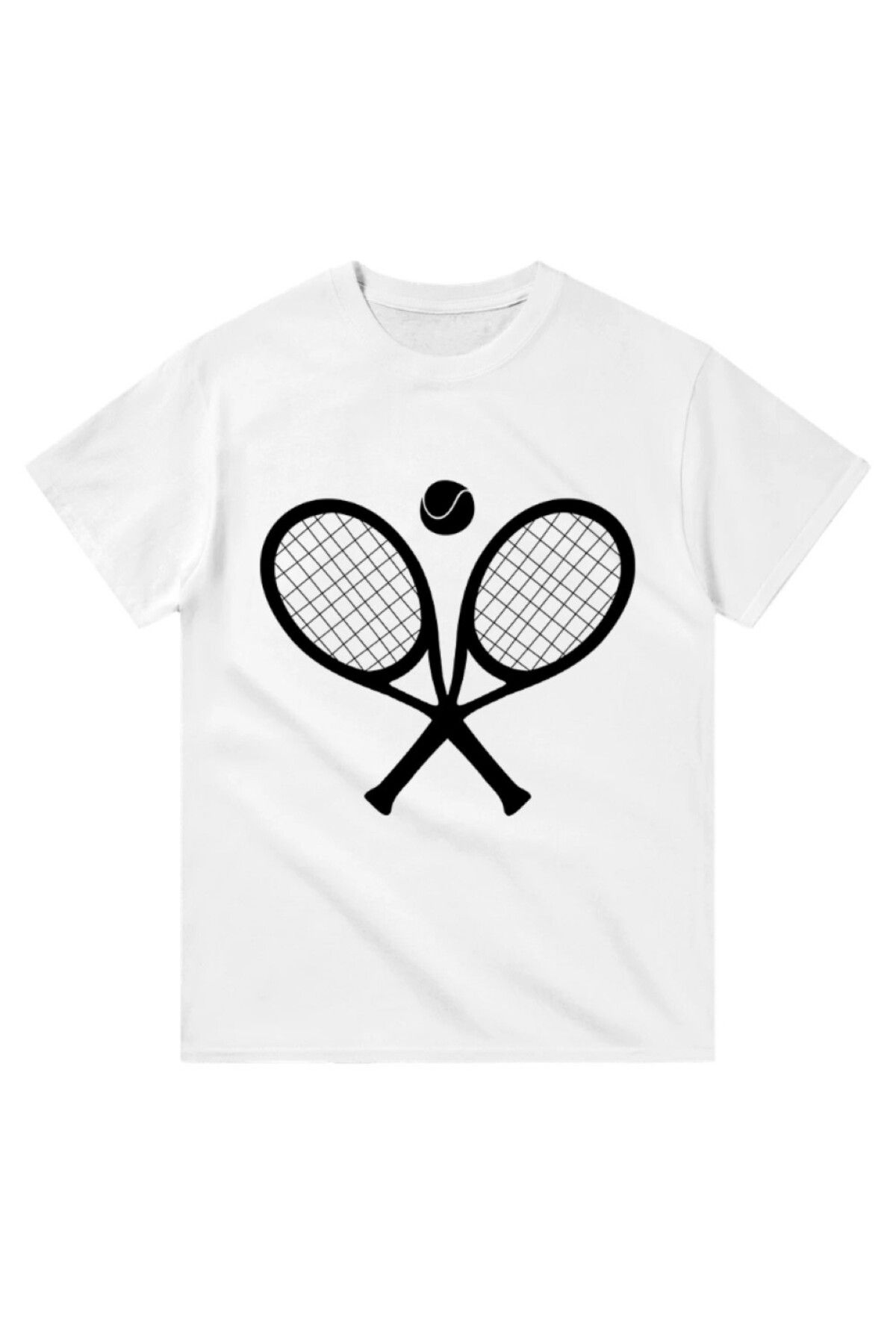 Cooqpoo İki Tenis Raketi ve Top Baskılı XS-S-M-L-XL-2XL Beden Kadın Erkek Unisex Pamuklu Beyaz Tshirt