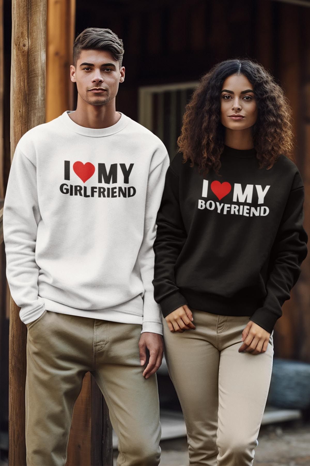 qoeuyl boutique I Love My Girlfriend-Boyfriend Sevgili Çift Kombin Sevgililer Günü Baskılı Bisiklet Yaka Sweatshirt