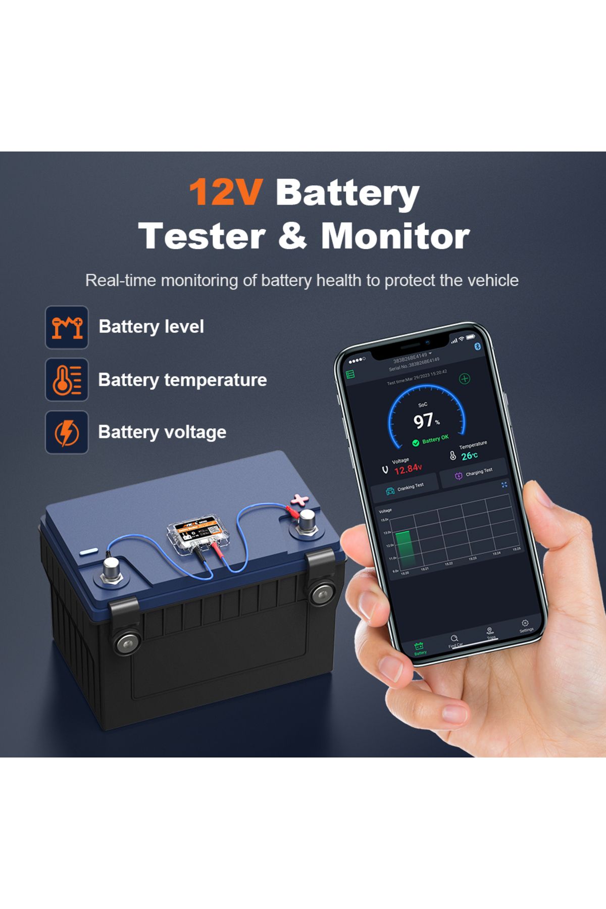 ANCEL-BM200 12V Battery Tester Wireless Bluetooth 4.2  Battery Monitor LED Display SOH SOC Batter... 5
