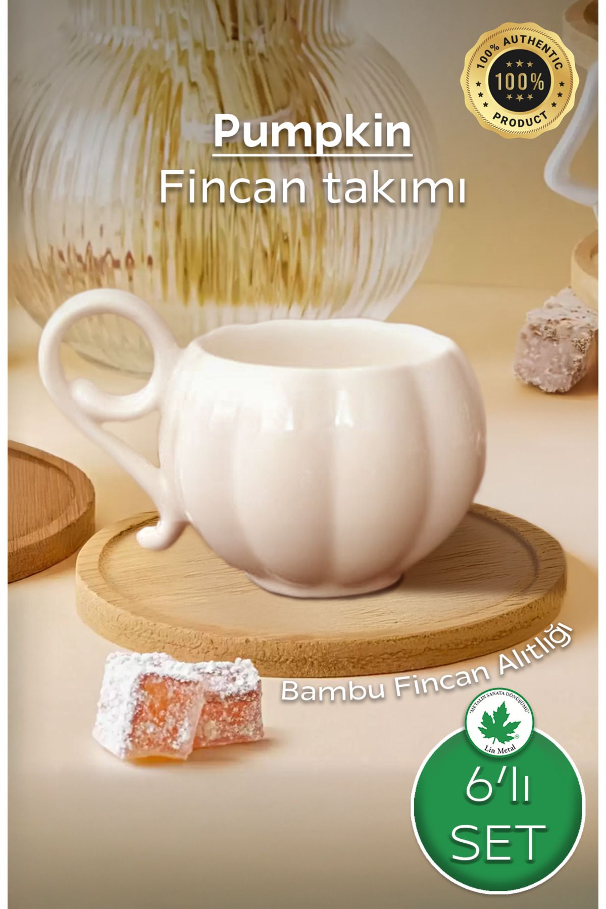 Lin Metal Pumpkin Fincan 6 Kişilik 12 Parça Bambu Tabaklı Kahve Modern Fincan Takımı Beyaz (6 Adet)