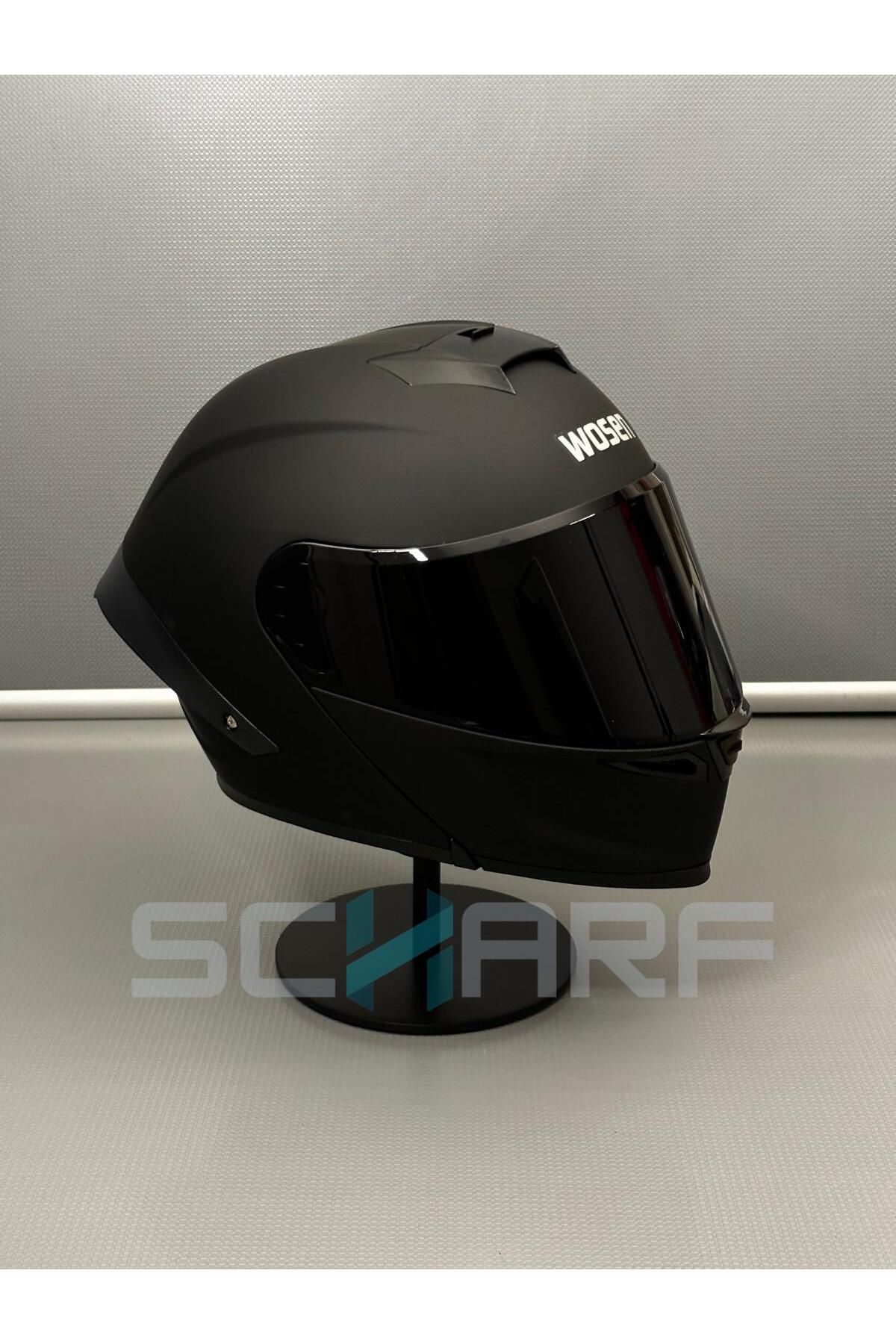 WOSEN Ws-202 Güneş Vizörlü Çene Açılır Kask Matt Black (Siyah Vizörlü)